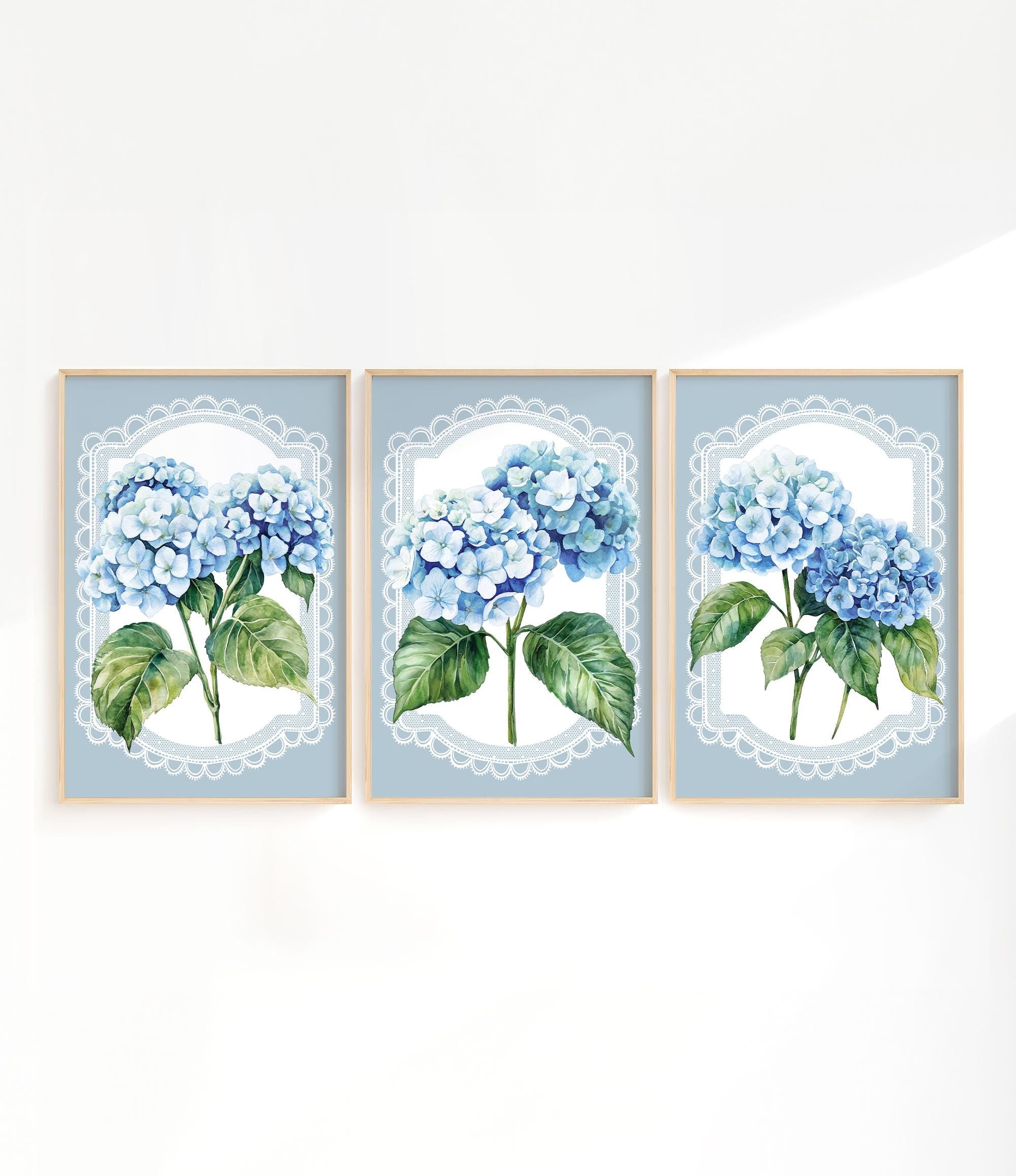 Blue Hydrangea Triptych – Lace Border Floral Wall Art – Jade