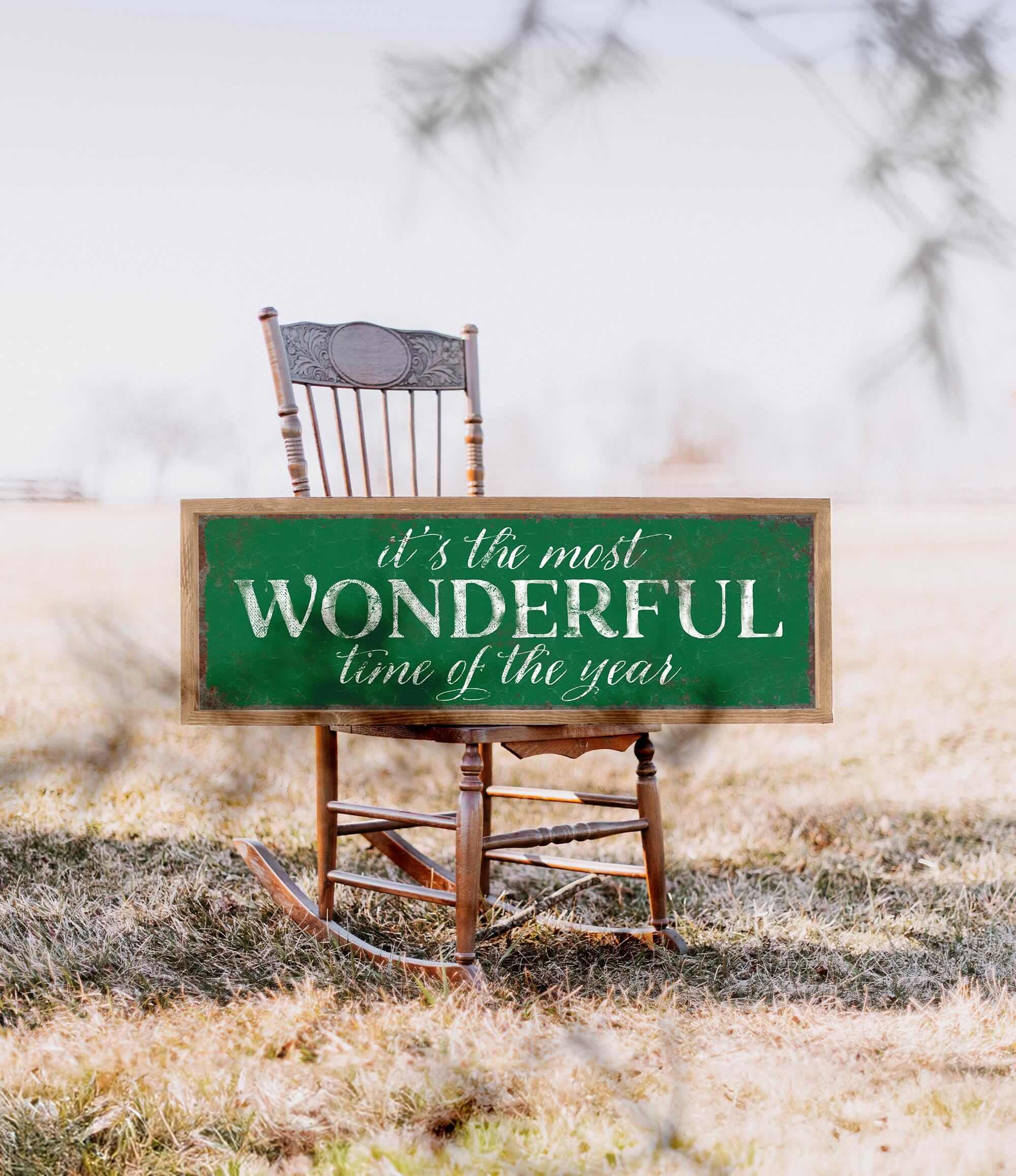 a wooden rocking chair with a sign that says, it's the most wonderful