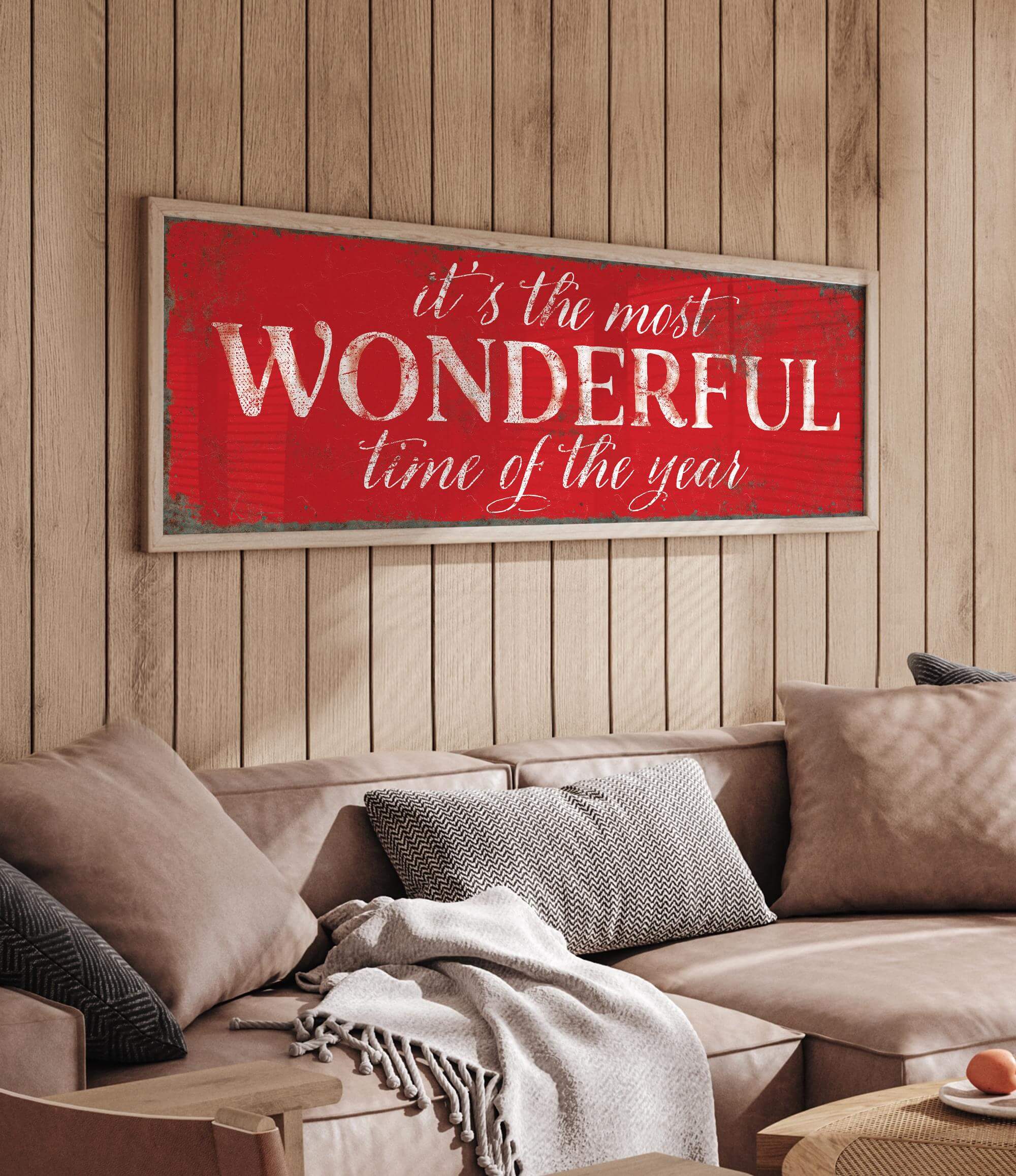 a living room filled with furniture and a wooden sign