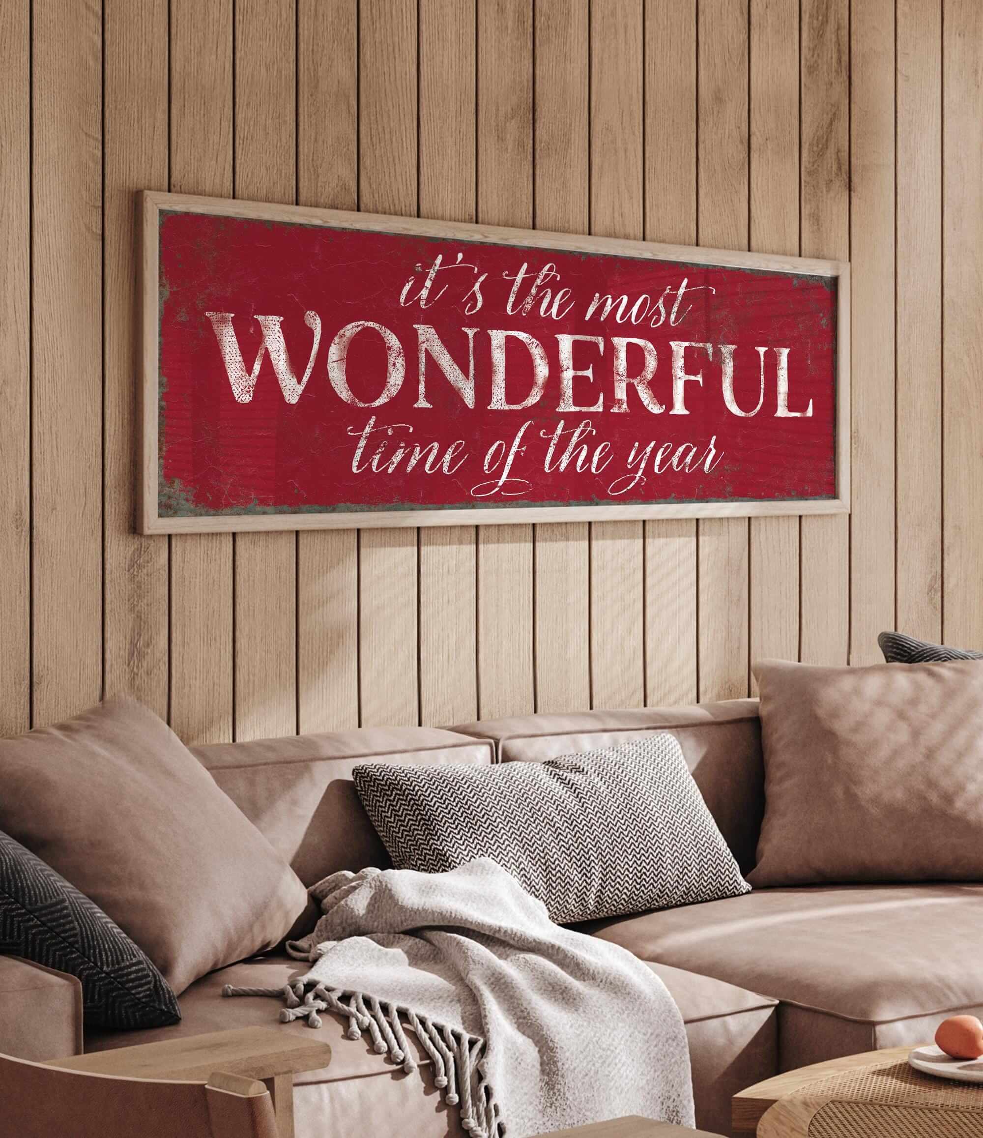 a living room filled with furniture and a wooden sign