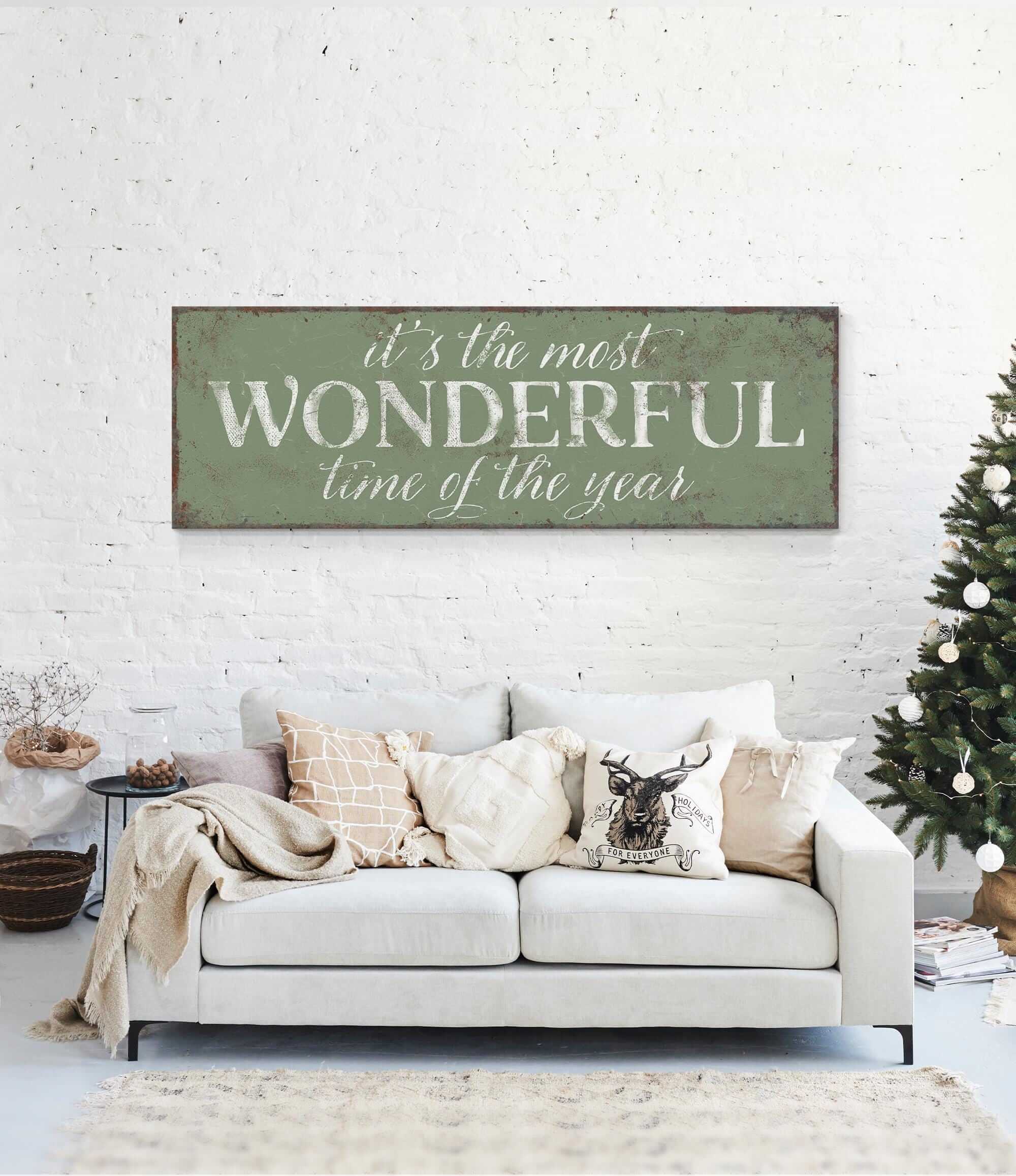 a living room with a couch and a christmas tree