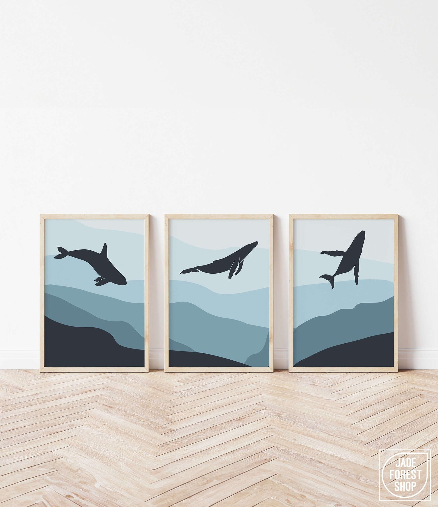 Ombre Blue Triptych Whale - Large Abstract Wall Art Triptych Set - 031