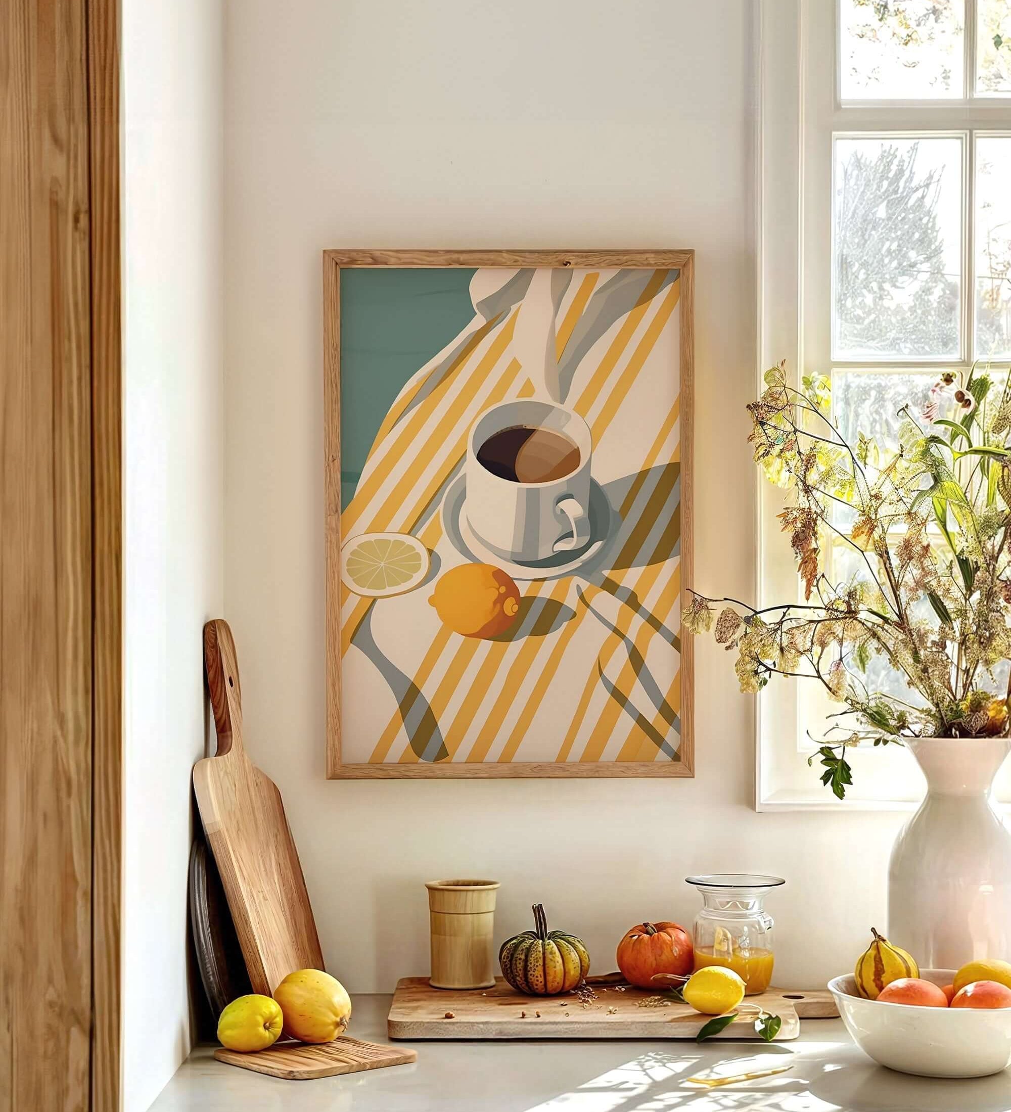 Framed coffee cup art hangs in a sunlit kitchen with fruit, pumpkins, and dried flowers on the counter.