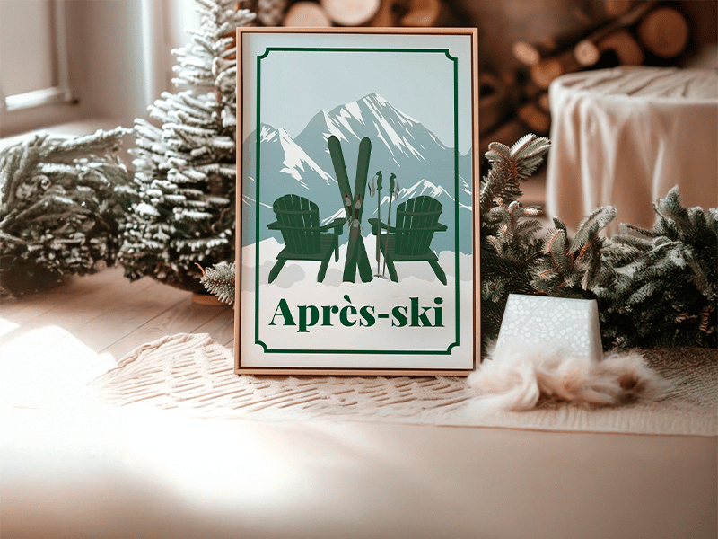 Framed "Après-ski" poster with skis, chairs, and snowy mountains, surrounded by winter decor indoors.