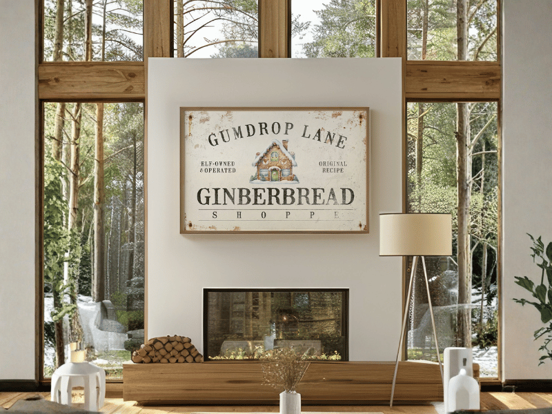 A framed "Gumdrop Lane Gingerbread Shoppe" sign hangs above a modern fireplace in a cozy living room.