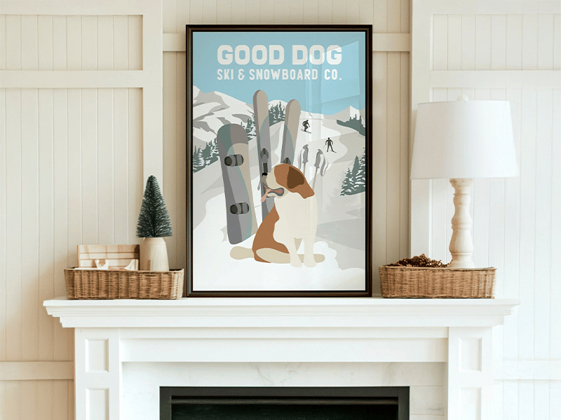 Framed ski resort poster with a dog sitting by snowboards, hanging above a rustic dining table.