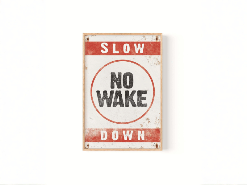 A weathered sign reads "Slow Down" with "No Wake" in bold letters inside a red circle.