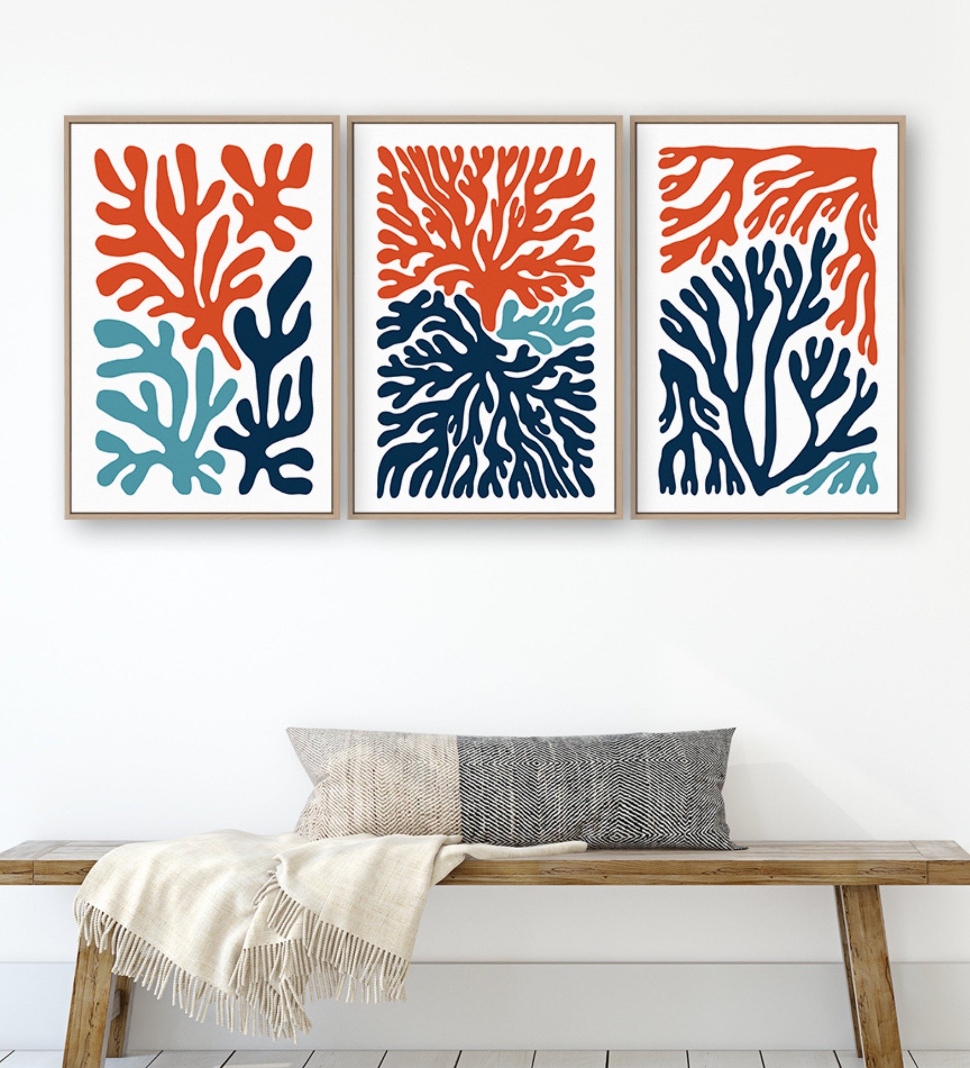 A group of art on a wall.