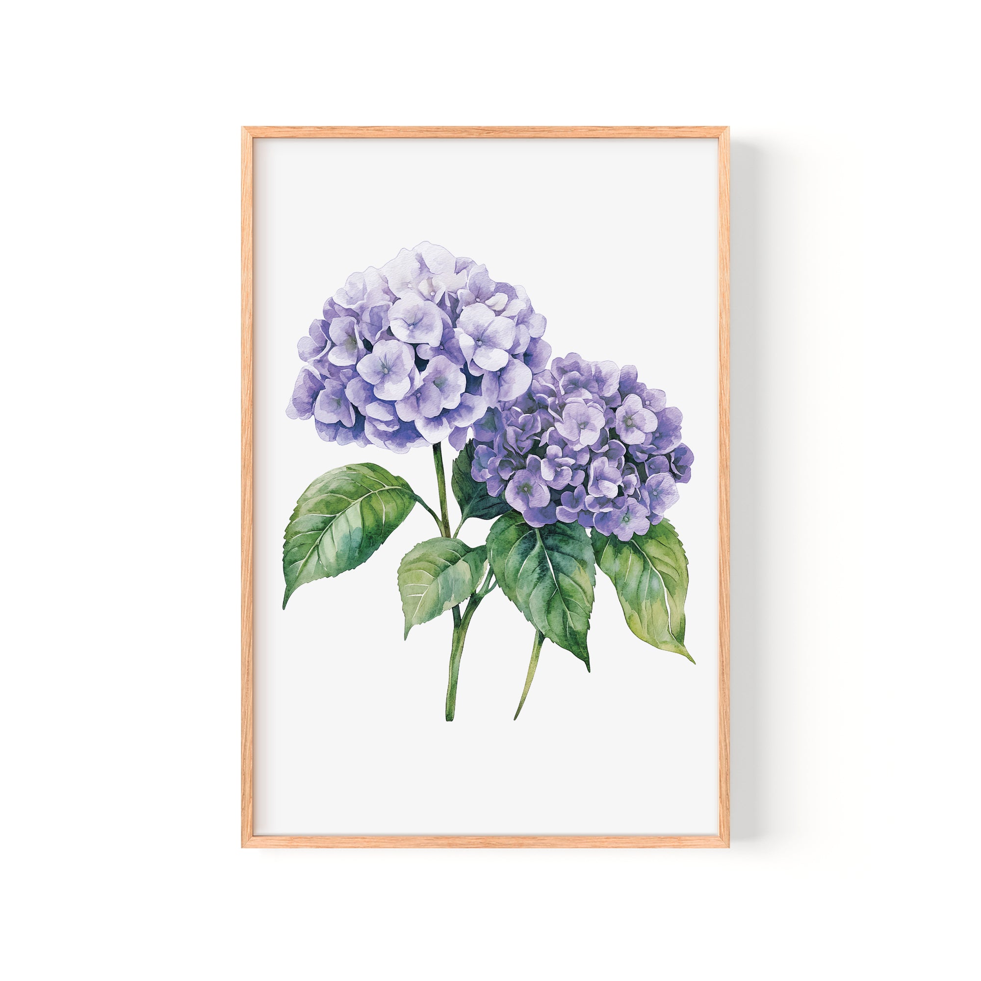a framed watercolor painting of two purple hydrangea flowers with green leaves.
