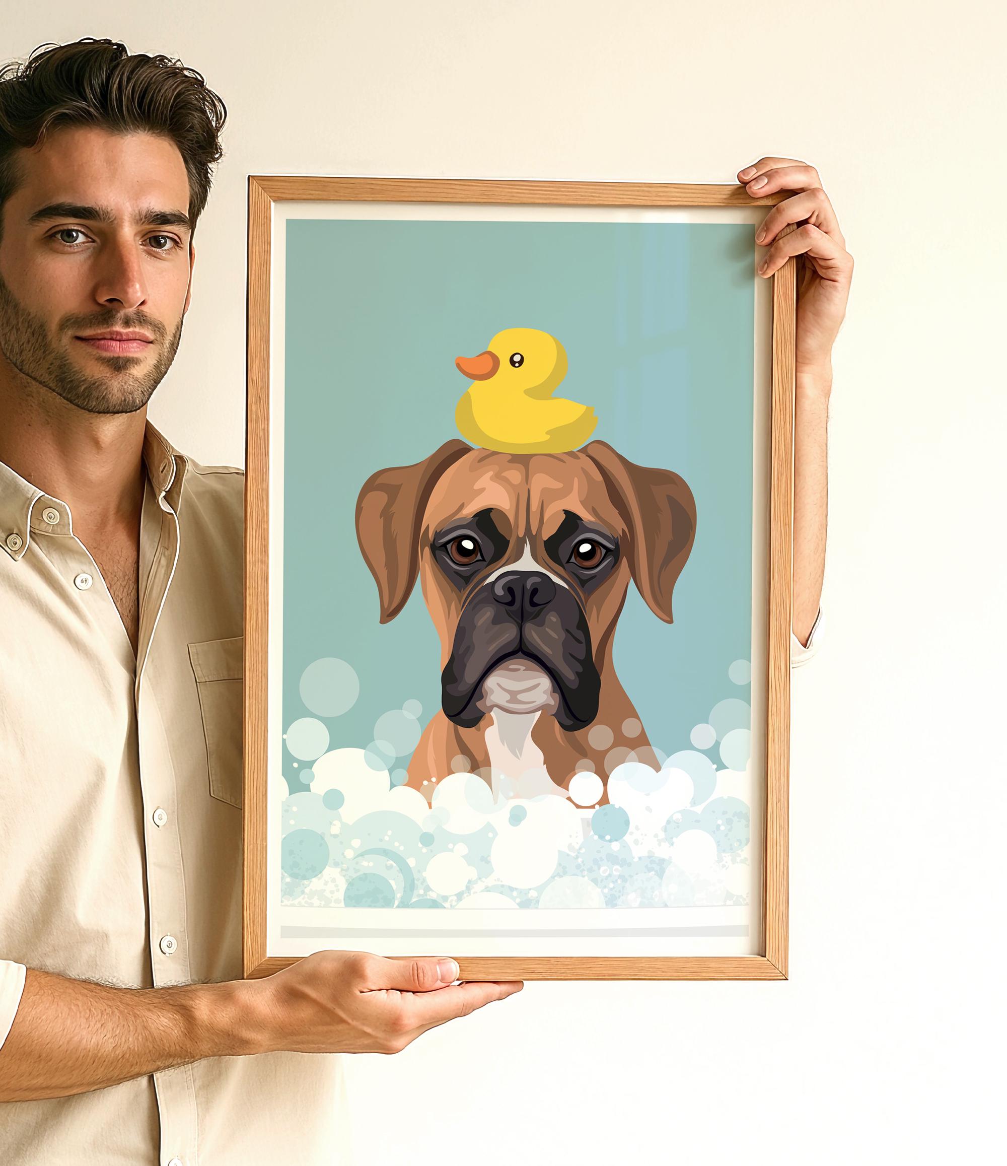 A man is holding a framed picture of a dog with a yellow rubber duck on its head, surrounded by bubbles.