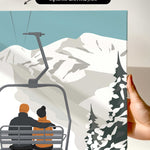 a couple sitting on a ski lift, enjoying the snowy mountain landscape below.