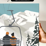 a couple sitting on a ski lift, enjoying the snowy mountain landscape below.
