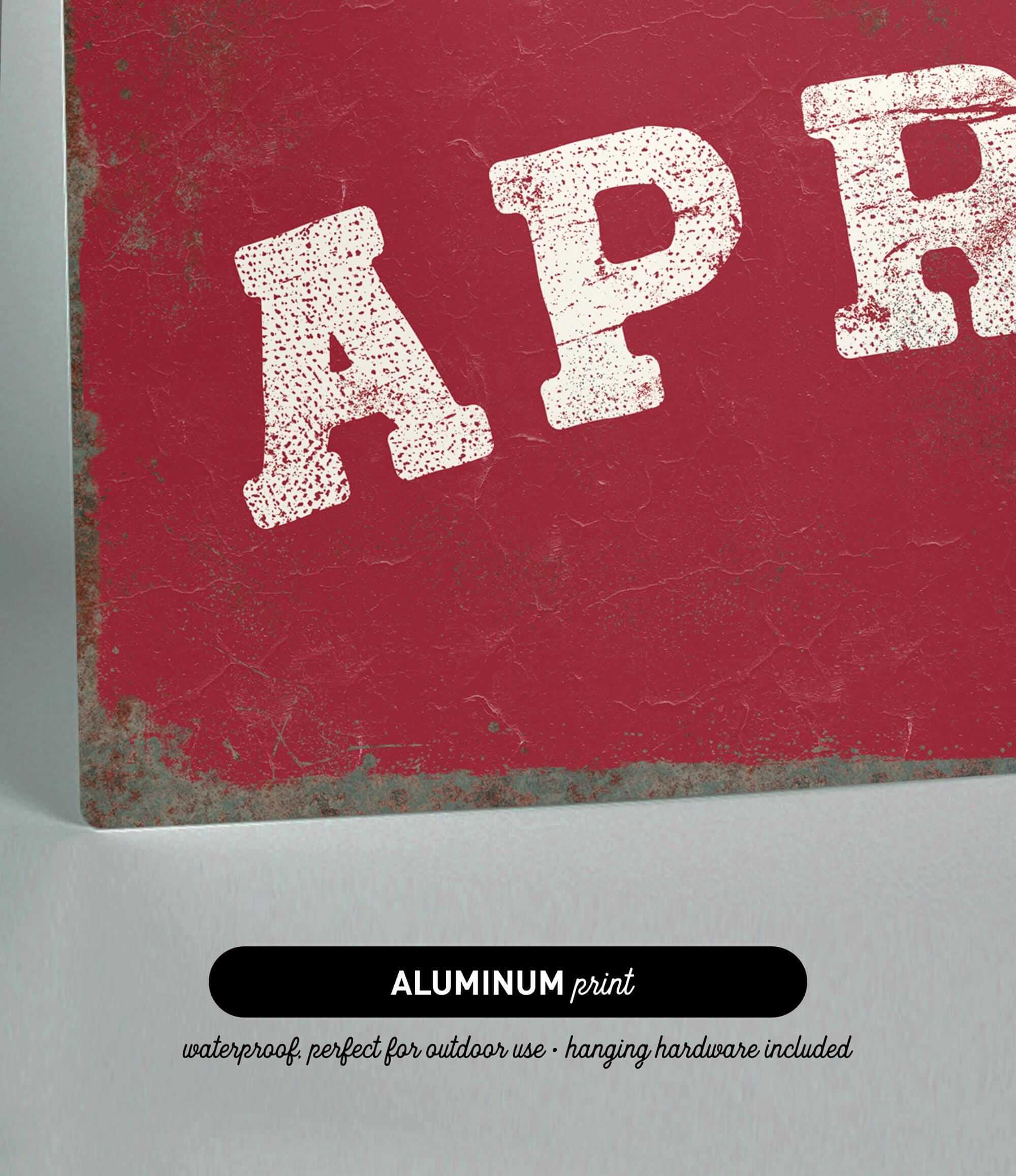 The image is an aluminum print with the text "APR" in white letters on a red background.