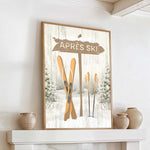 a painting of skis on a fireplace mantel