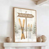 a painting of skis on a fireplace mantel