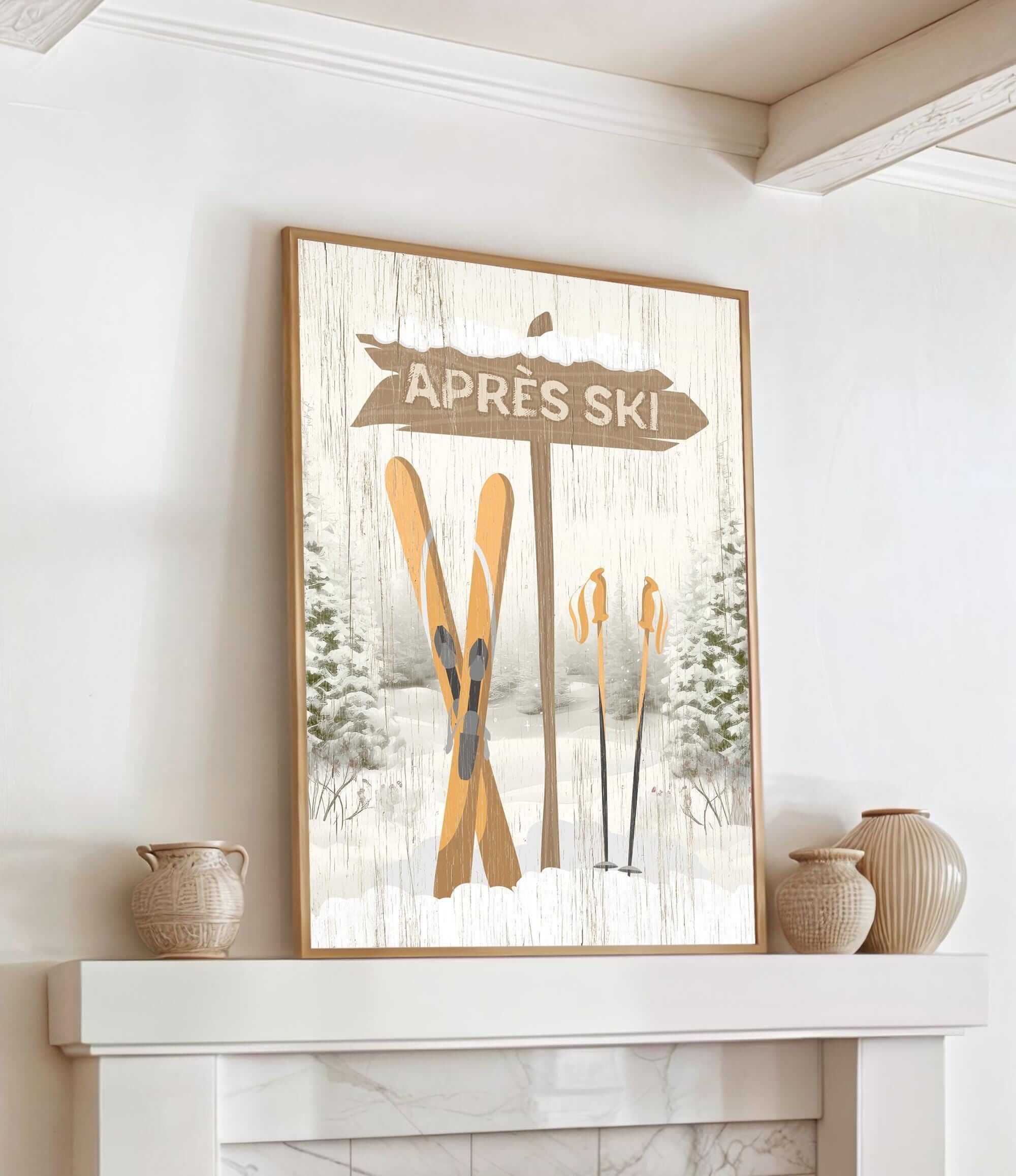 a painting of skis on a fireplace mantel