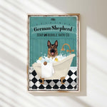 a german shepherd is taking a bath in a tub