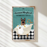 a german shepherd is taking a bath in a tub