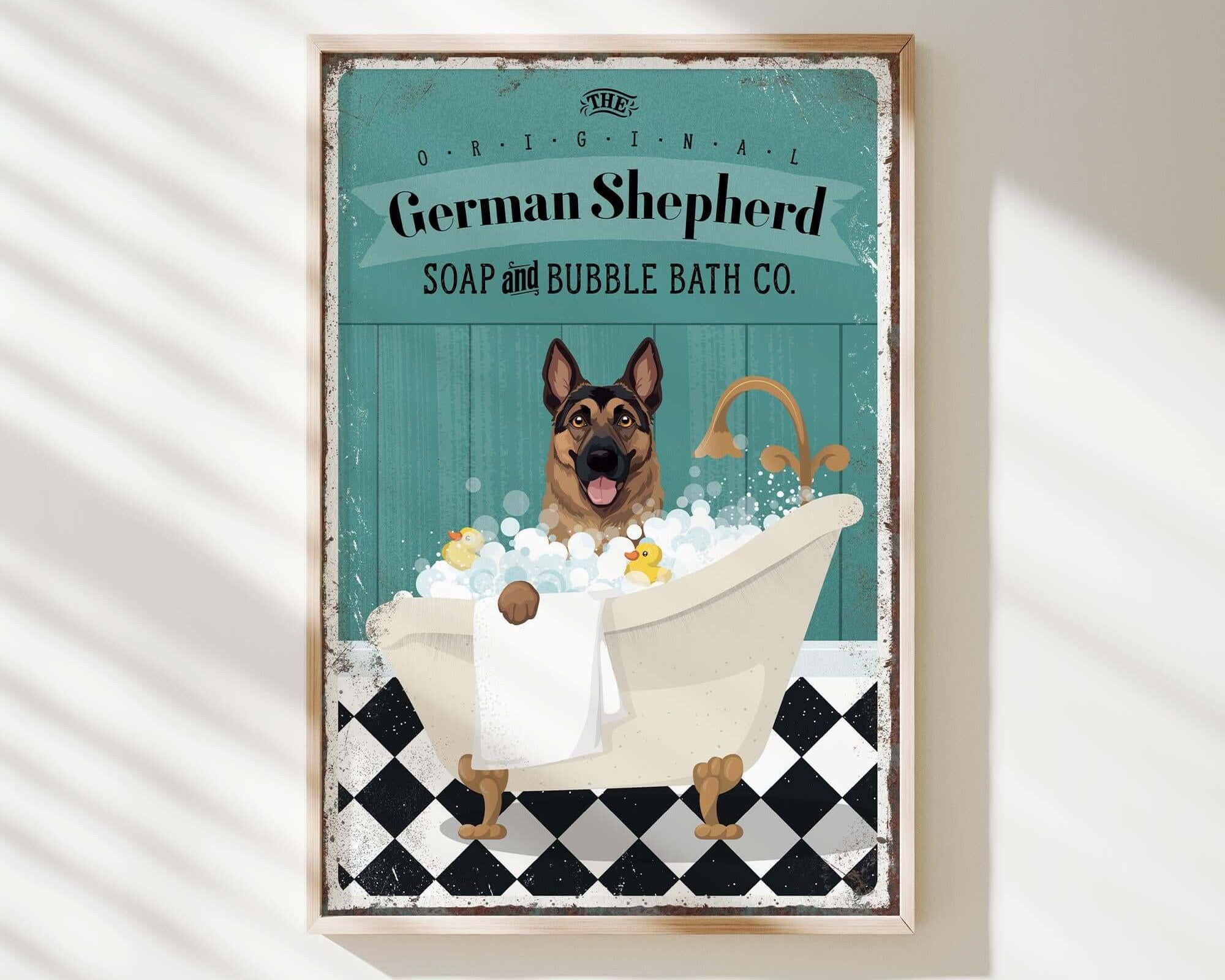 a german shepherd is taking a bath in a tub