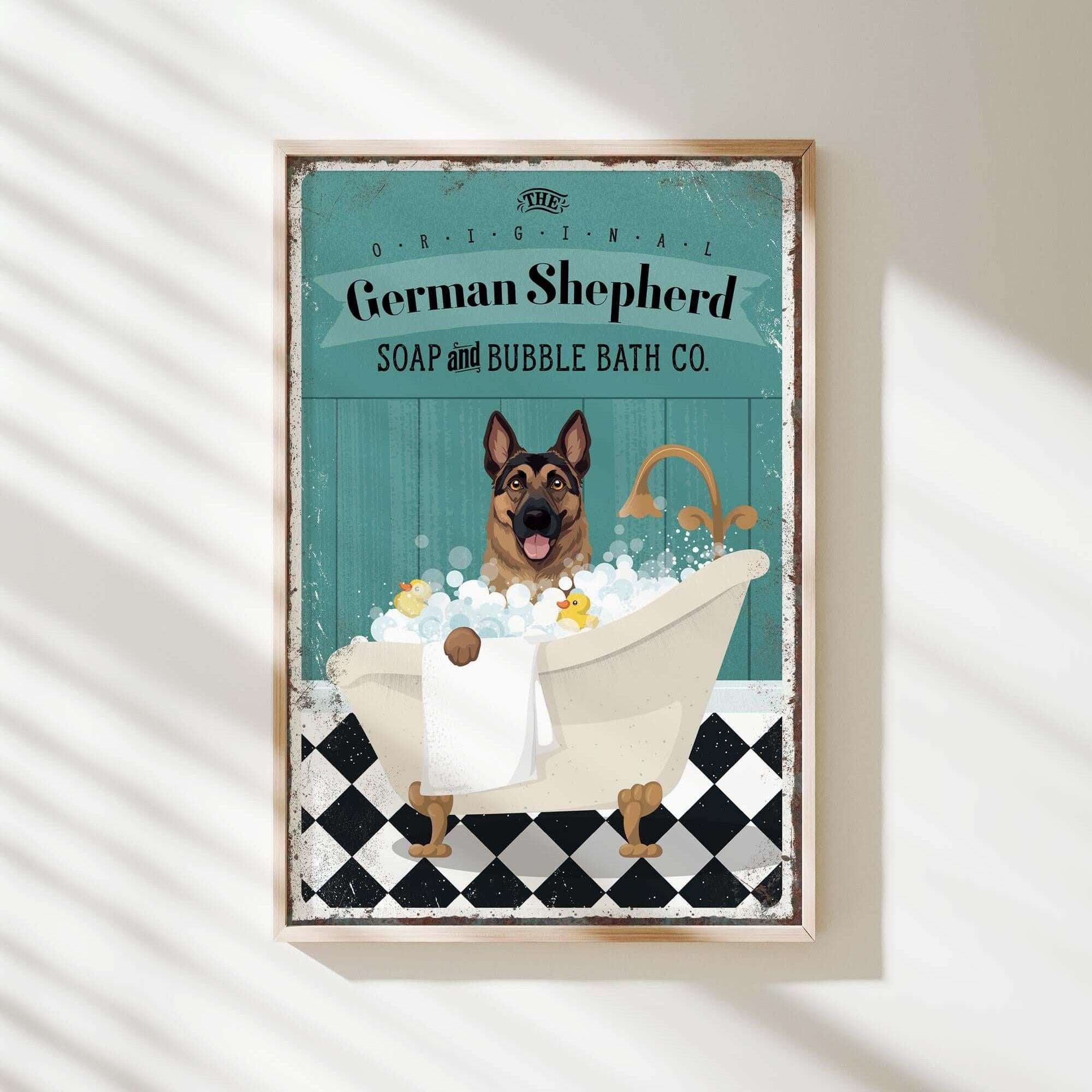 a german shepherd is taking a bath in a tub