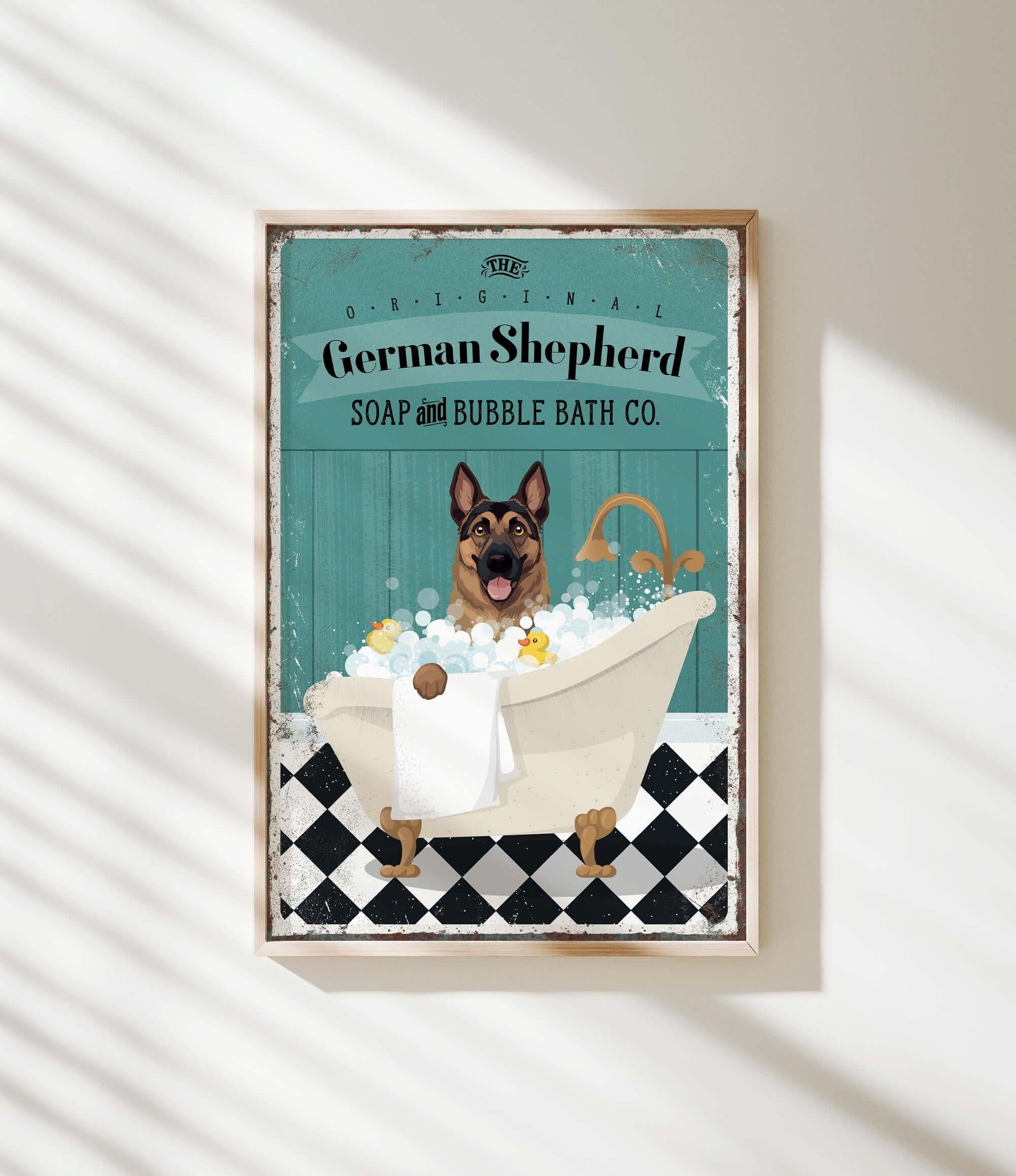 a german shepherd is taking a bath in a tub