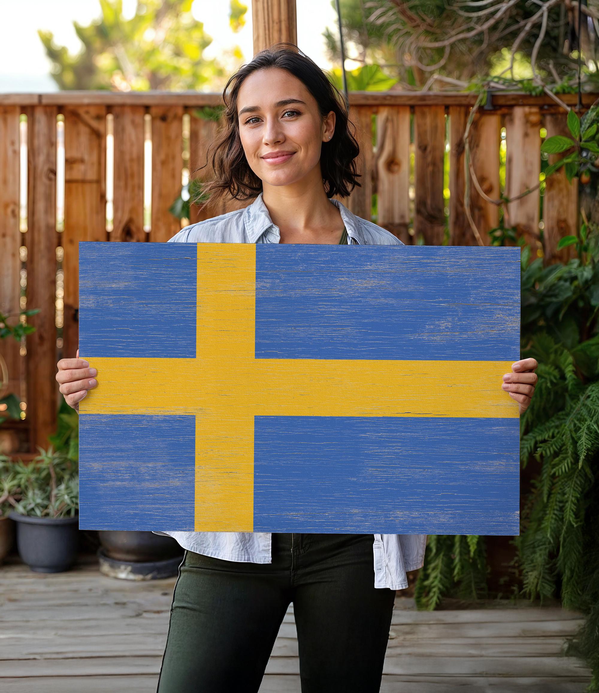 a woman holding a sign with the flag of sweden