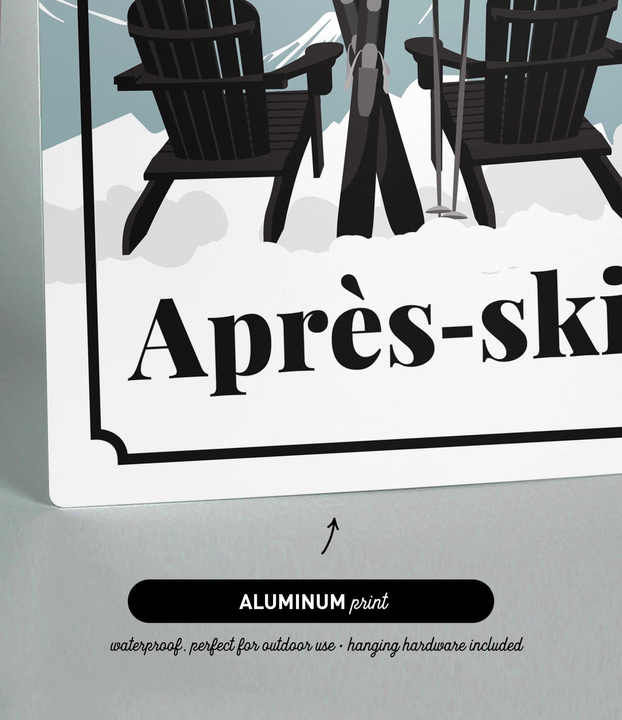 The image is a sign with the word "Apres-ski" written on it, featuring a pair of black chairs and ski equipment.