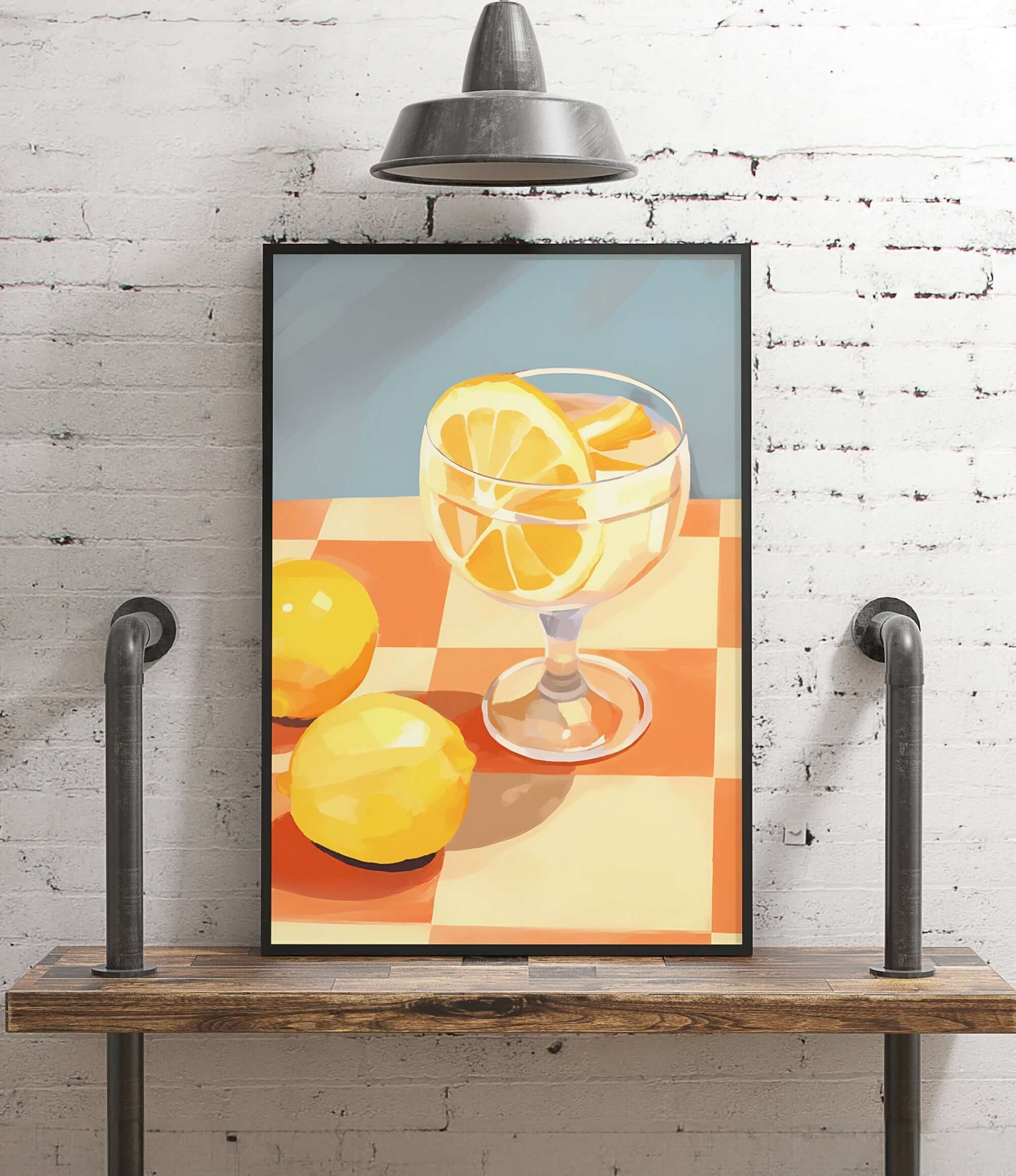 A framed painting depicting a glass of lemonade with lemon slices on a checkered tablecloth, set against a brick wall.