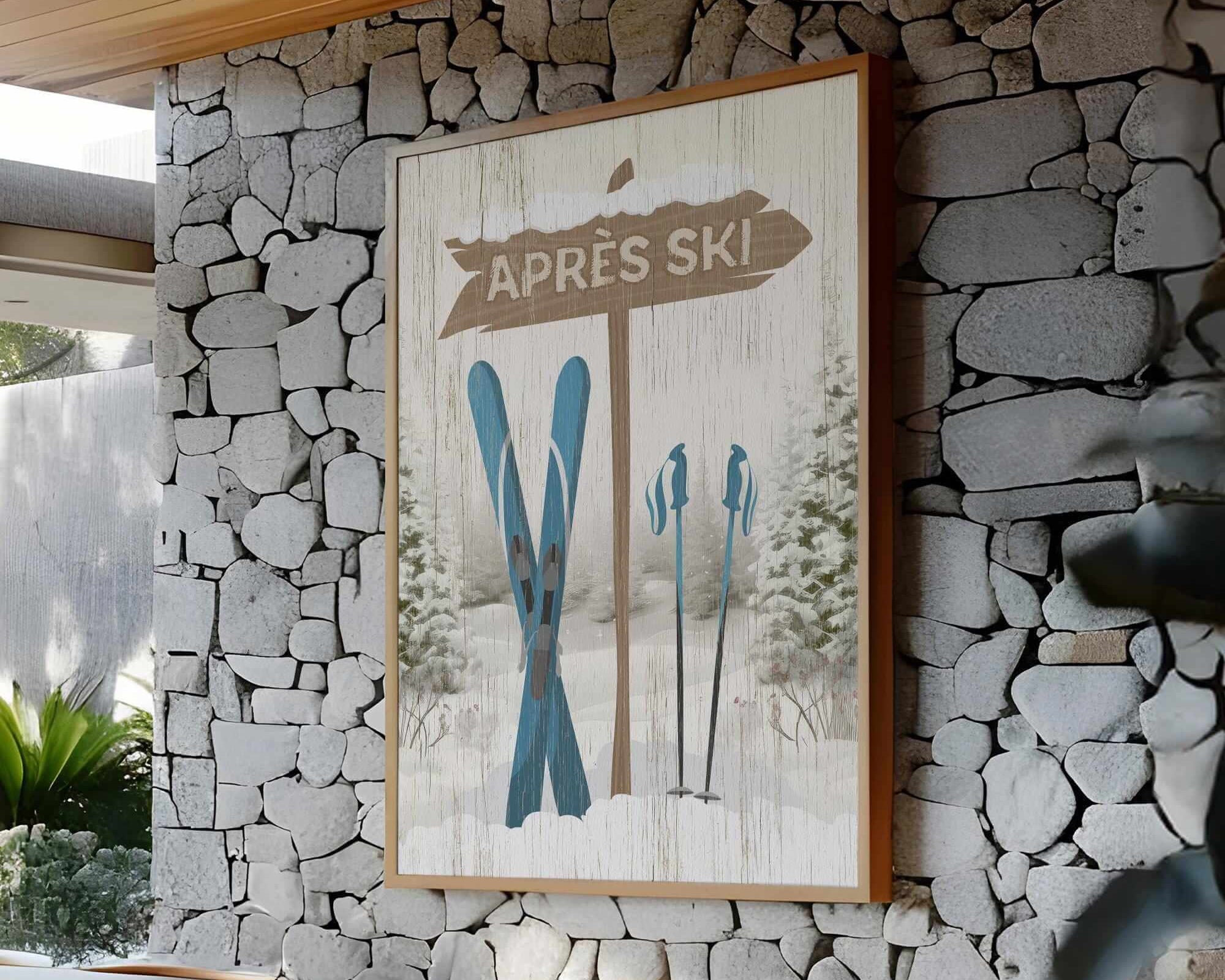 The Cerulean Après Ski Signpost Wall Art features vintage charm with skis and poles, perfect for adding après ski style to a cozy, modern room.