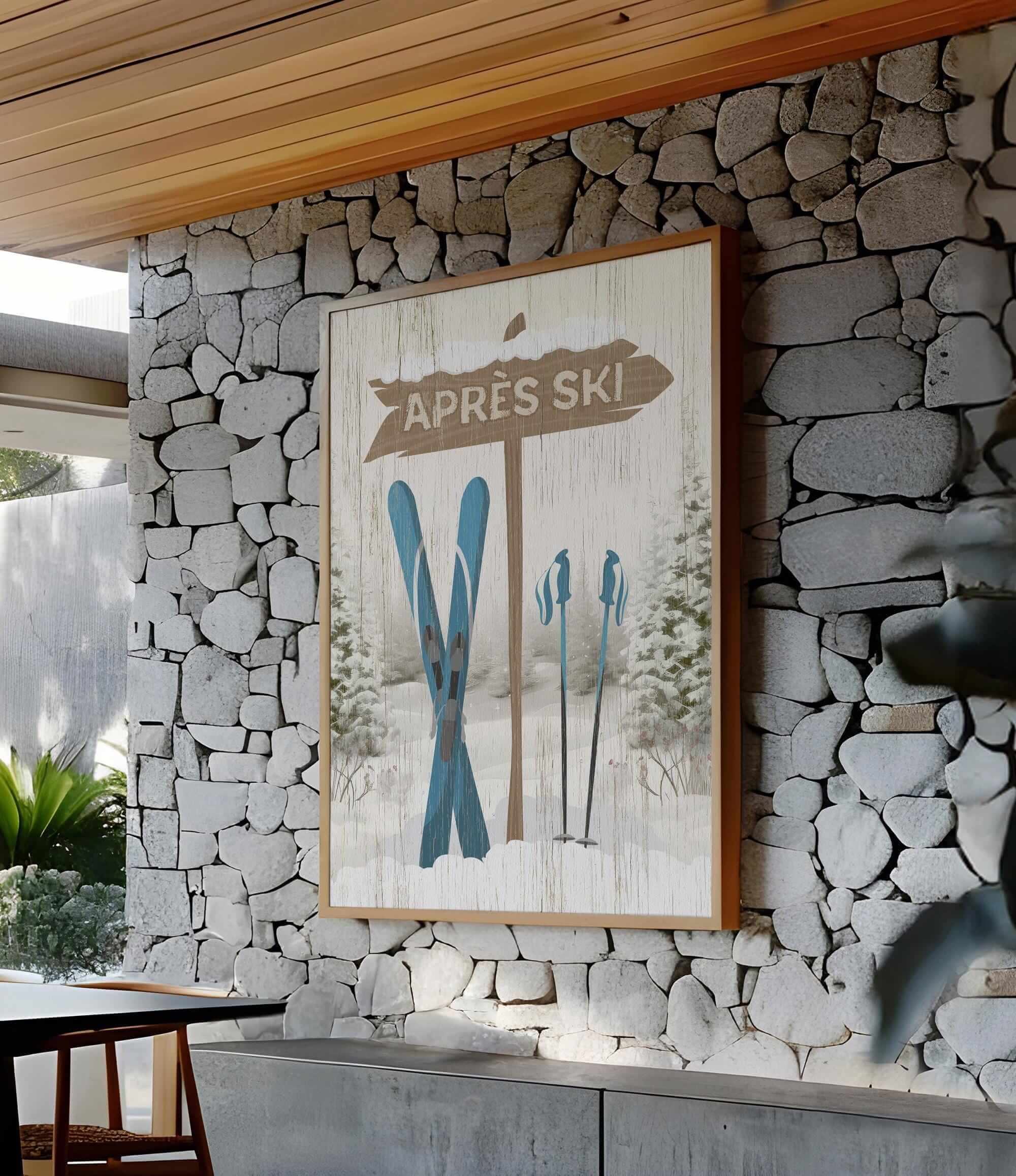 The Cerulean Après Ski Signpost Wall Art features vintage charm with skis and poles, perfect for adding après ski style to a cozy, modern room.