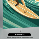 a surfer riding a wave on a surfboard, with a focus on the surfer's legs and the surfboard.