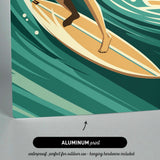 a surfer riding a wave on a surfboard, with a focus on the surfer's legs and the surfboard.