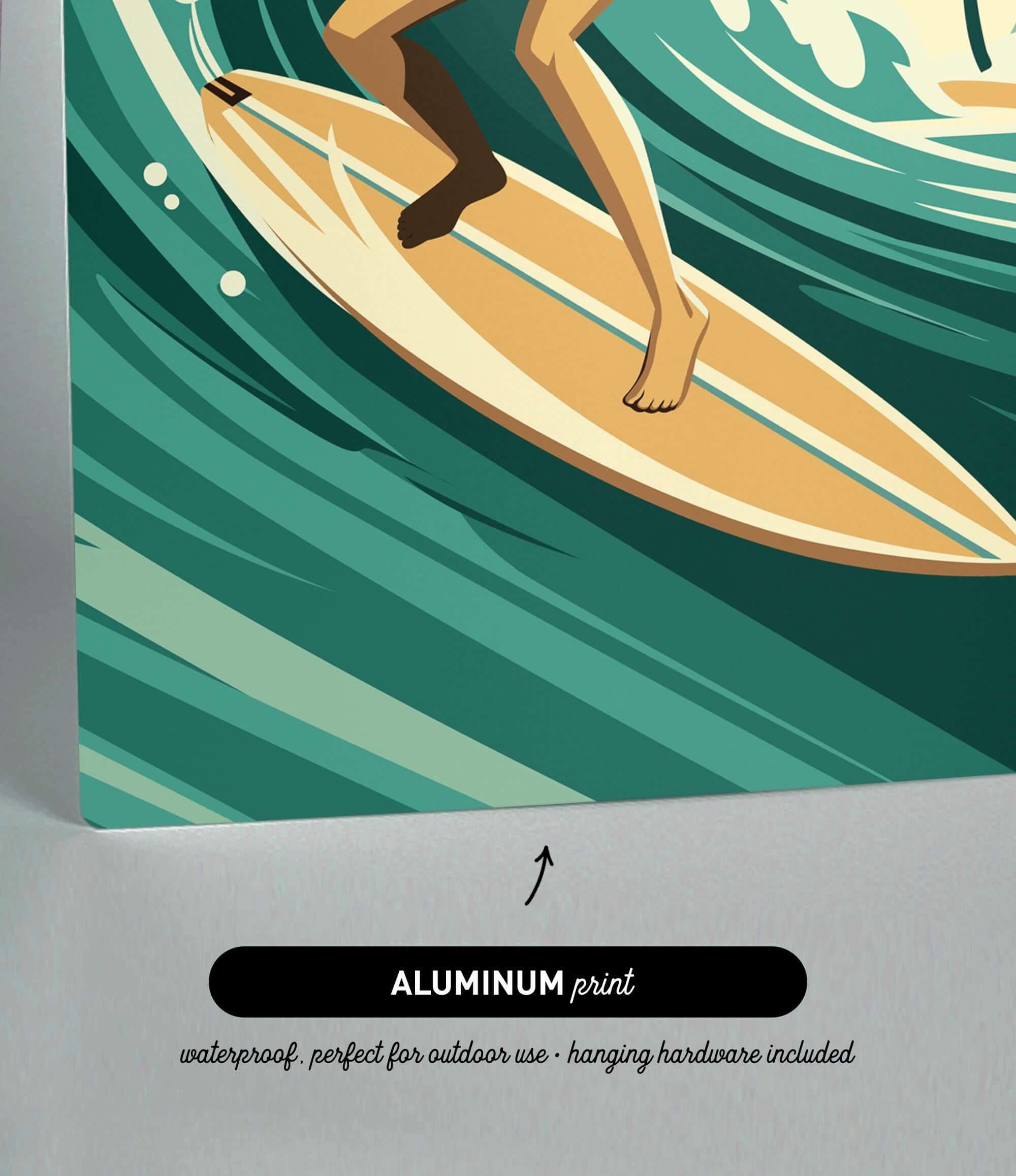 a surfer riding a wave on a surfboard, with a focus on the surfer's legs and the surfboard.