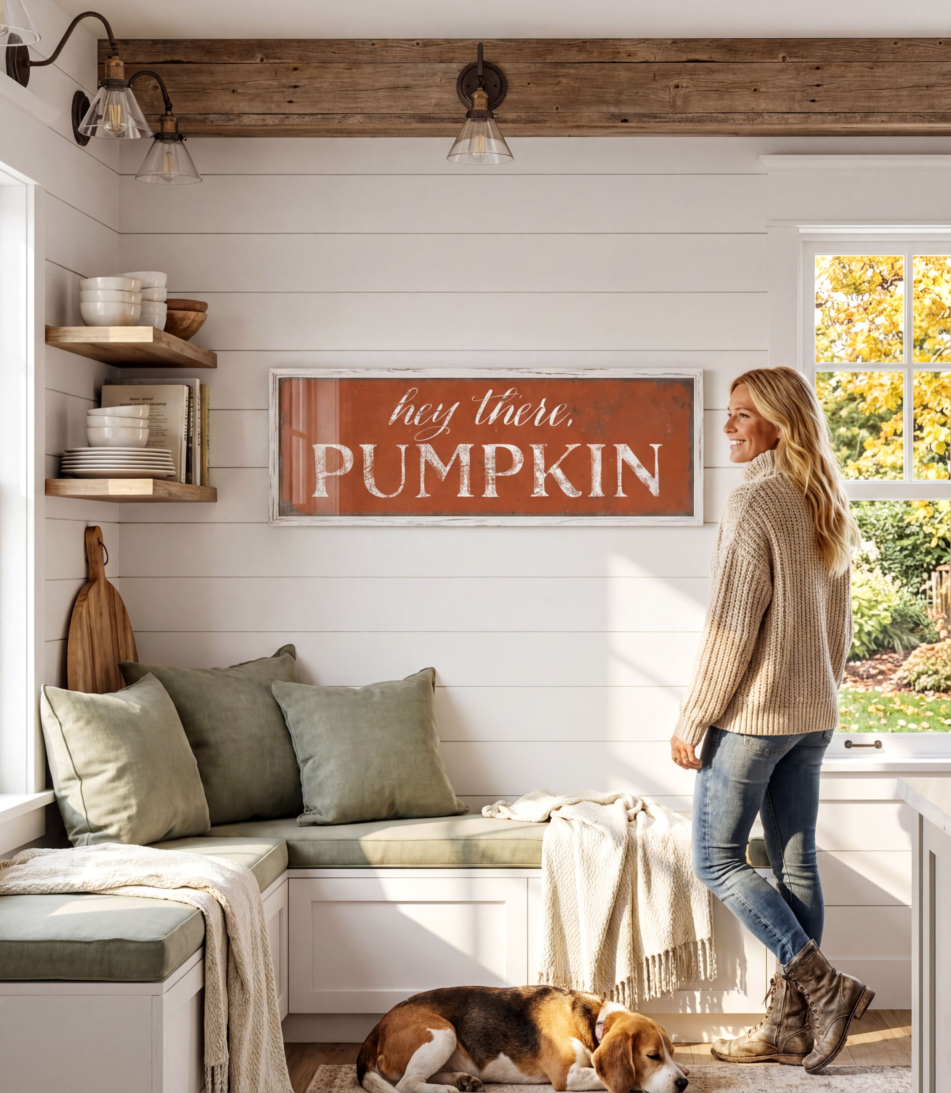 A woman stands in a cozy kitchen, gazing out a window at a pumpkin sign that reads "hey there, PUMPKIN".