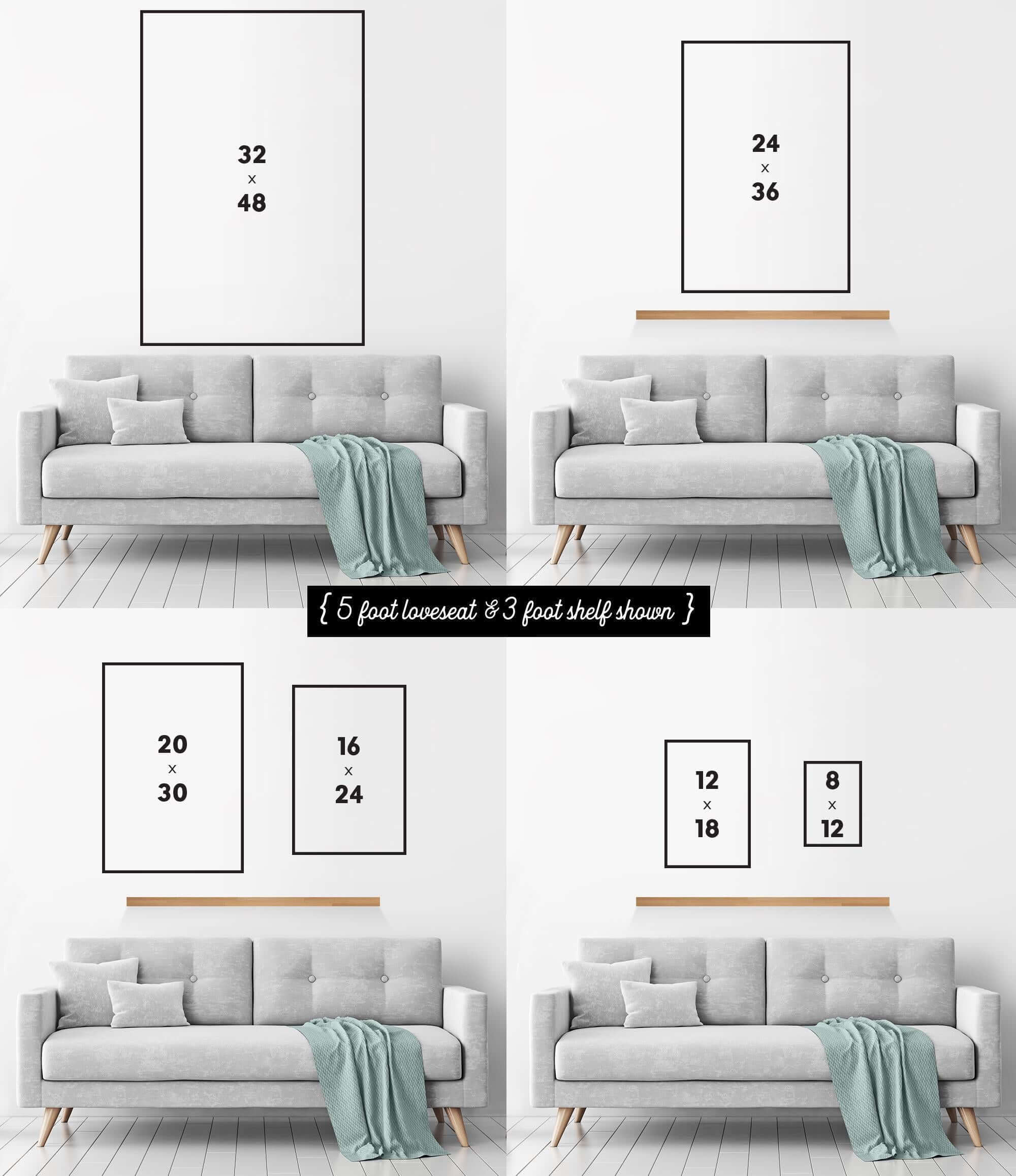 The image is a collage of four photographs showing different sizes of framed artworks displayed on a wall.
