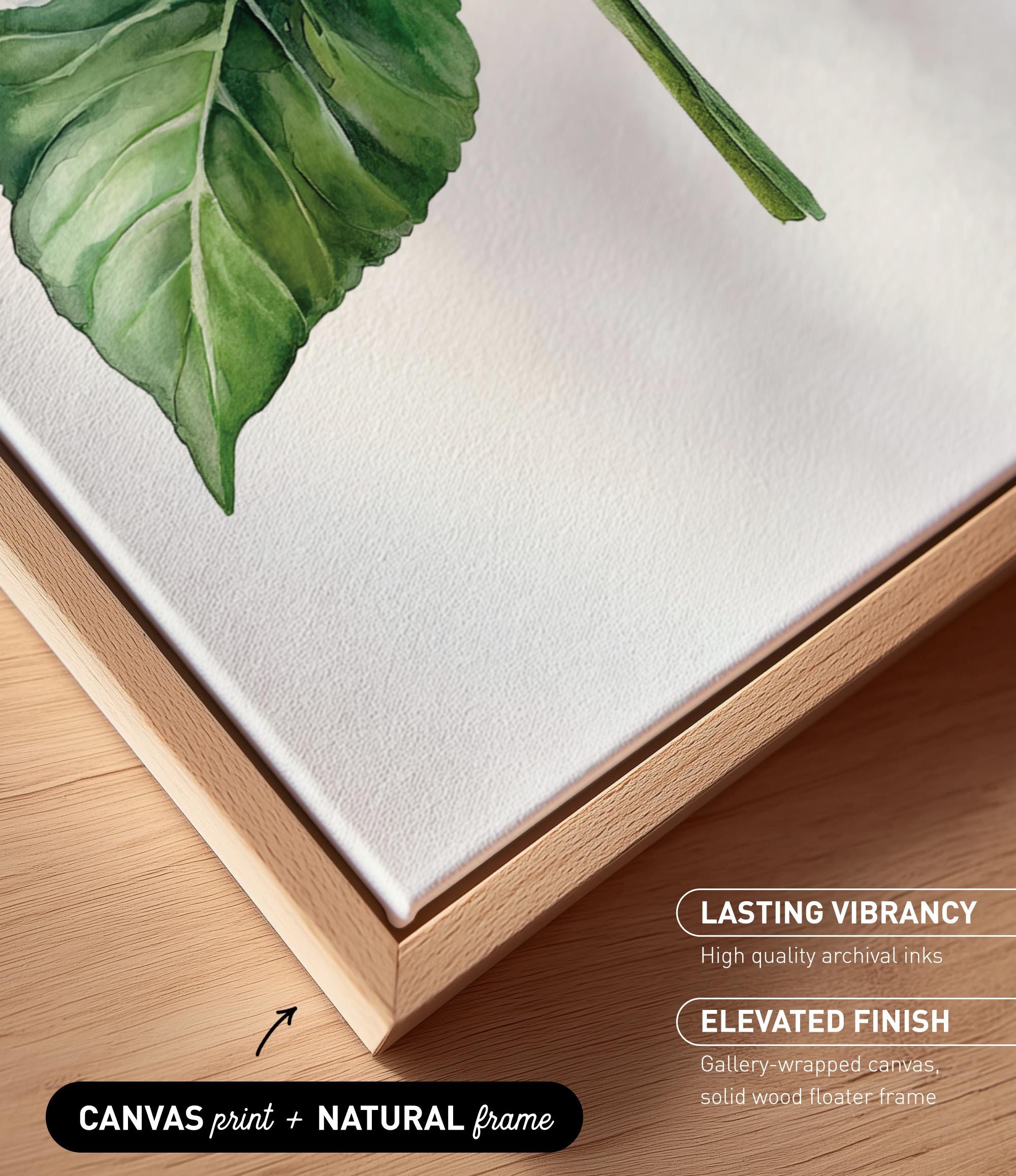 a close-up view of a canvas print with a natural frame, showcasing a detailed painting of a green leaf.