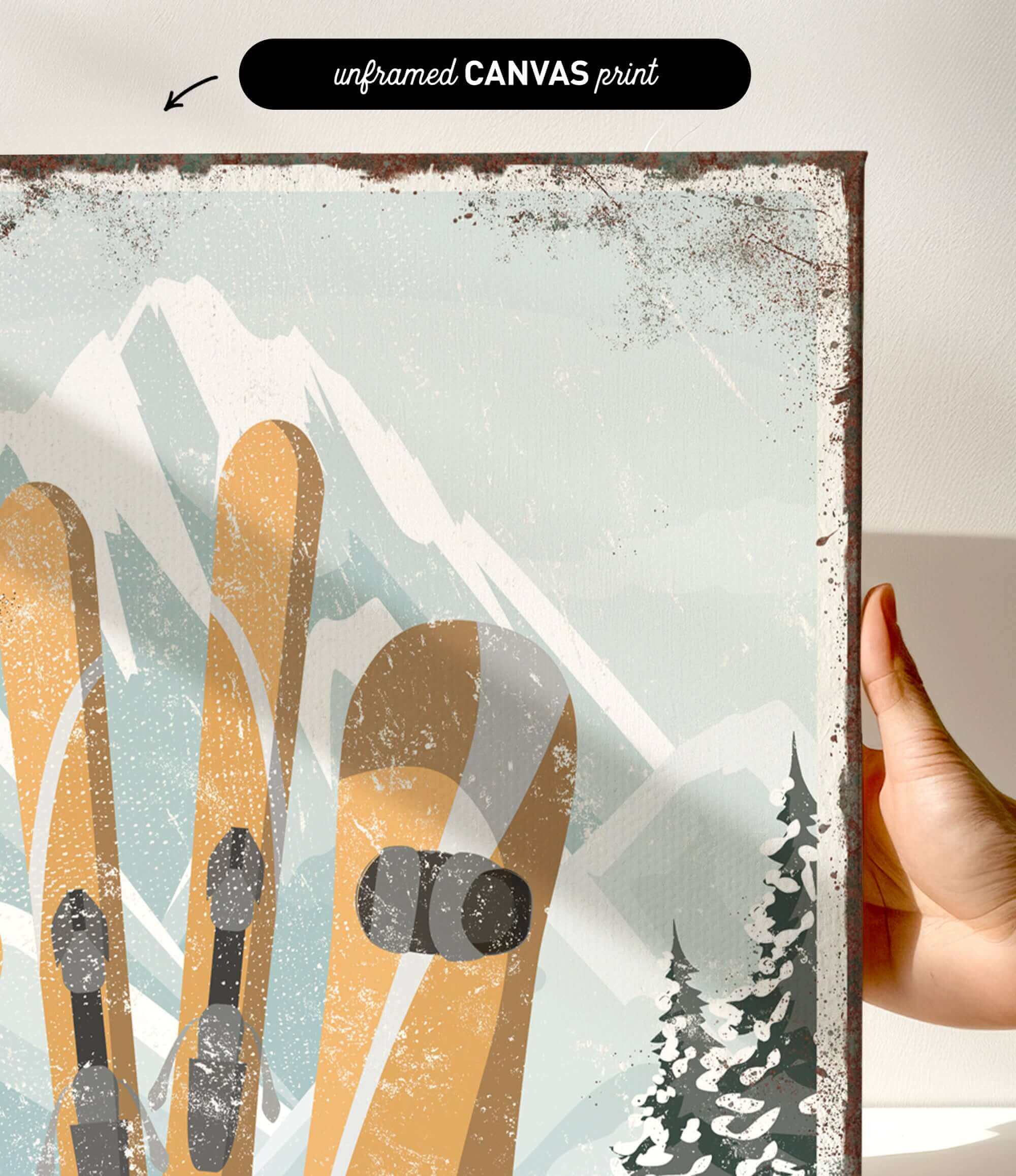 a person holding up a poster with skis on it
