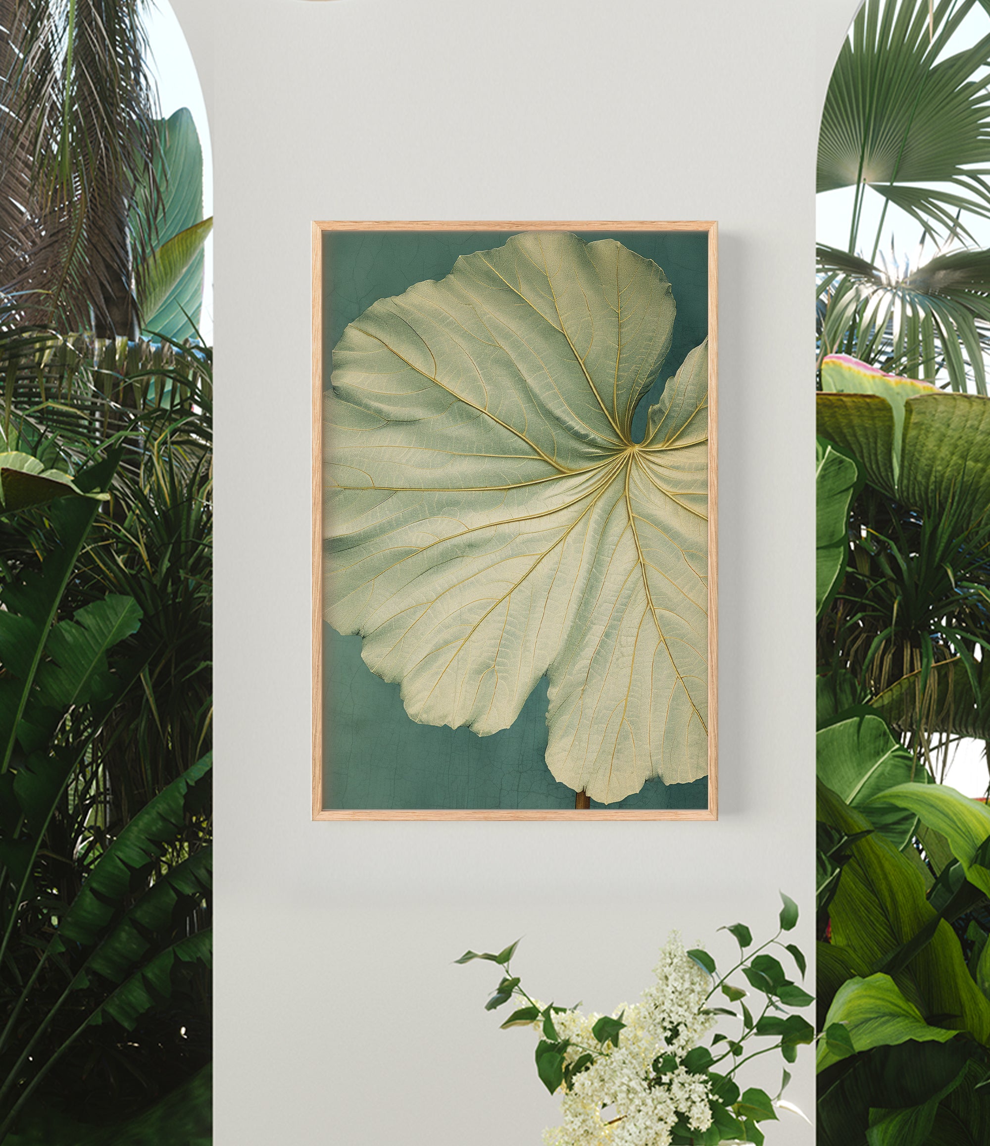 a large, vibrant green leaf with intricate patterns, hanging on a white wall. The leaf is framed in a wooden frame and is the central focus of the image.