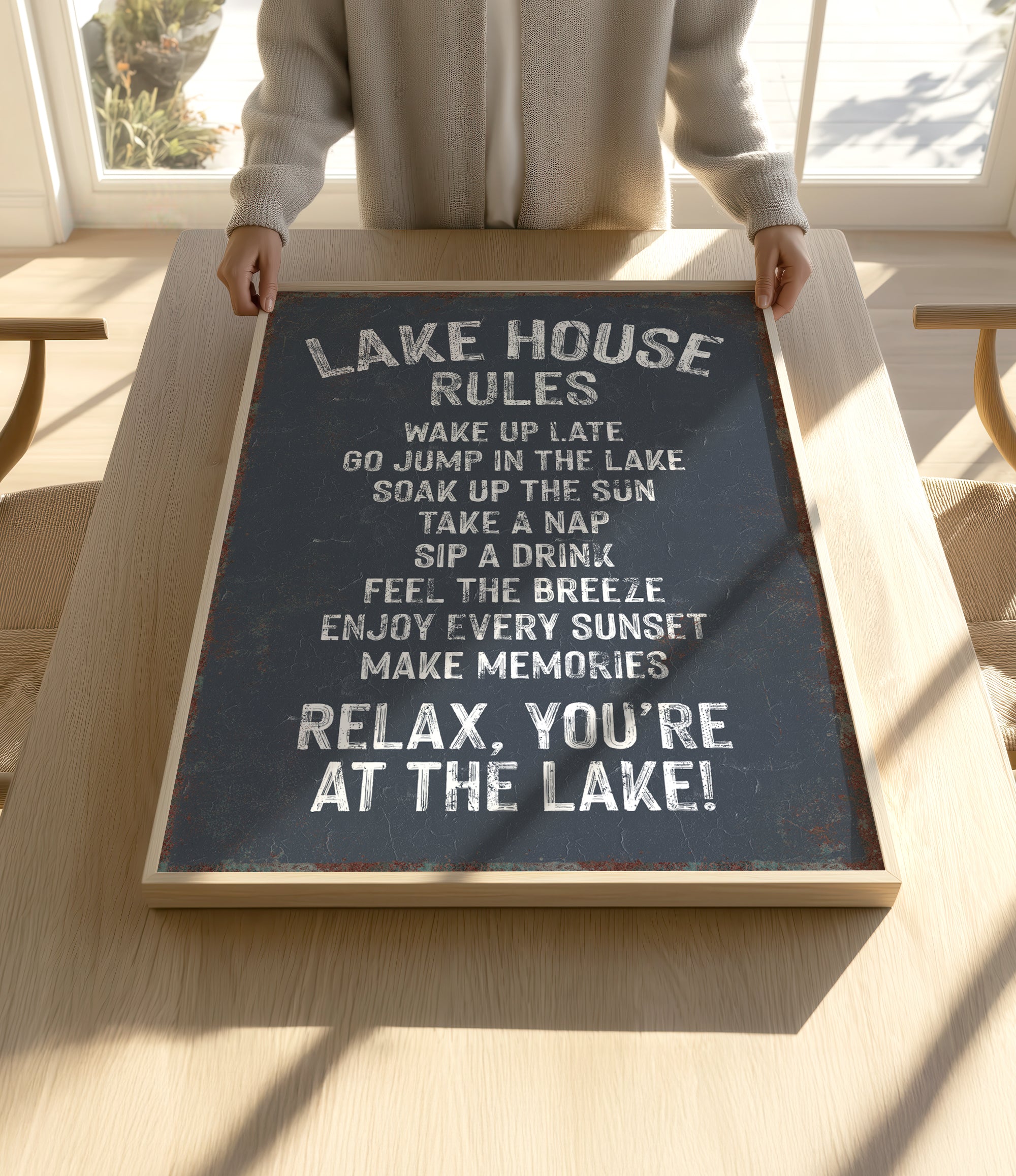 A person is holding up a sign that says "LAKESHOUSE RULES" on a wooden table.