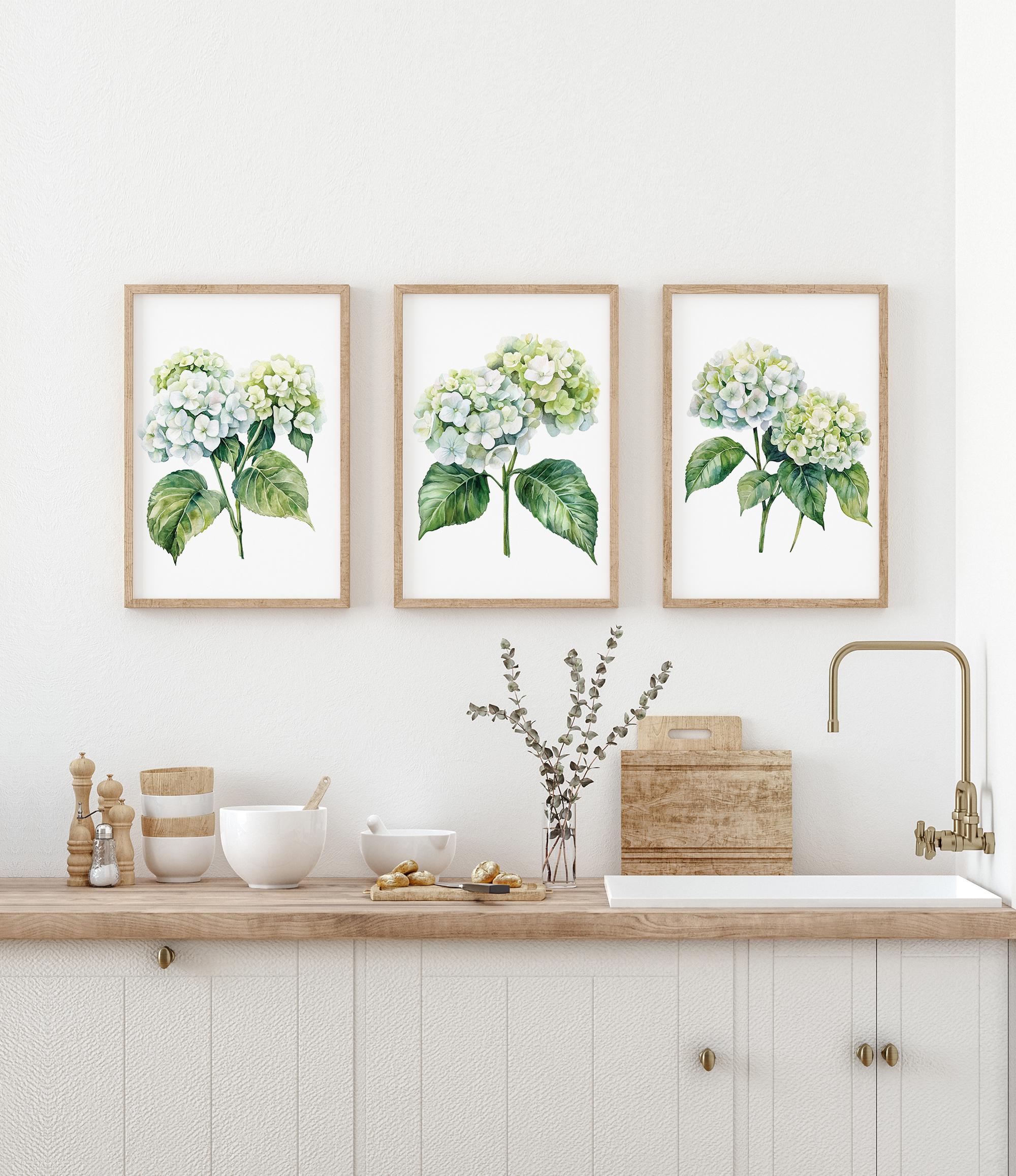 a kitchen counter with three framed watercolor paintings of green hydrangeas hanging above it. The paintings are arranged in a row, creating a visually appealing display. The kitchen counter also has various kitchen items, such as bowls, a vase with flowers, and a sink.