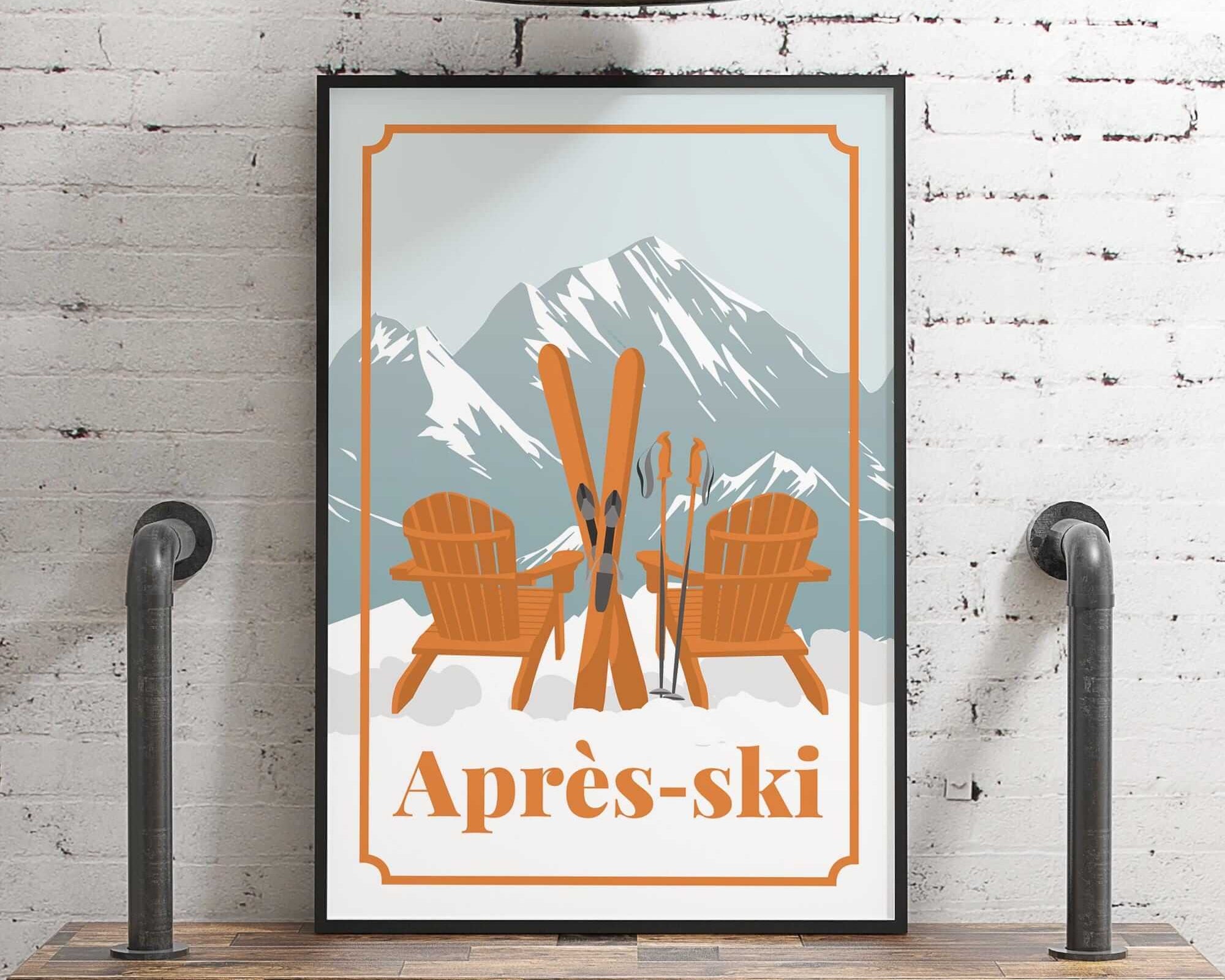 A framed poster with an illustration of two wooden chairs and skis, set against a snowy mountain backdrop, with the text "Apres-skii" below the image.