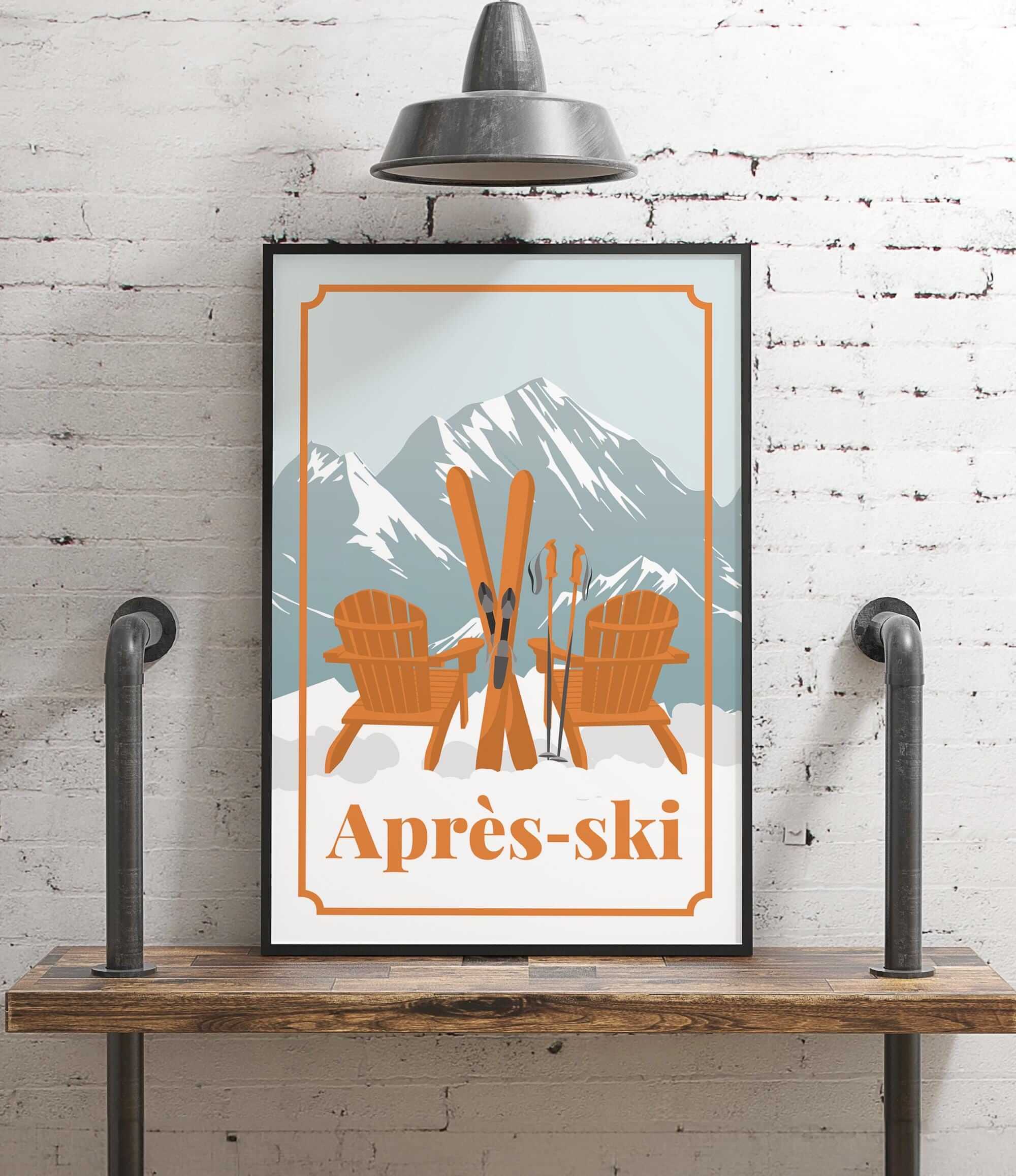 A framed poster with an illustration of two wooden chairs and skis, set against a snowy mountain backdrop, with the text "Apres-skii" below the image.