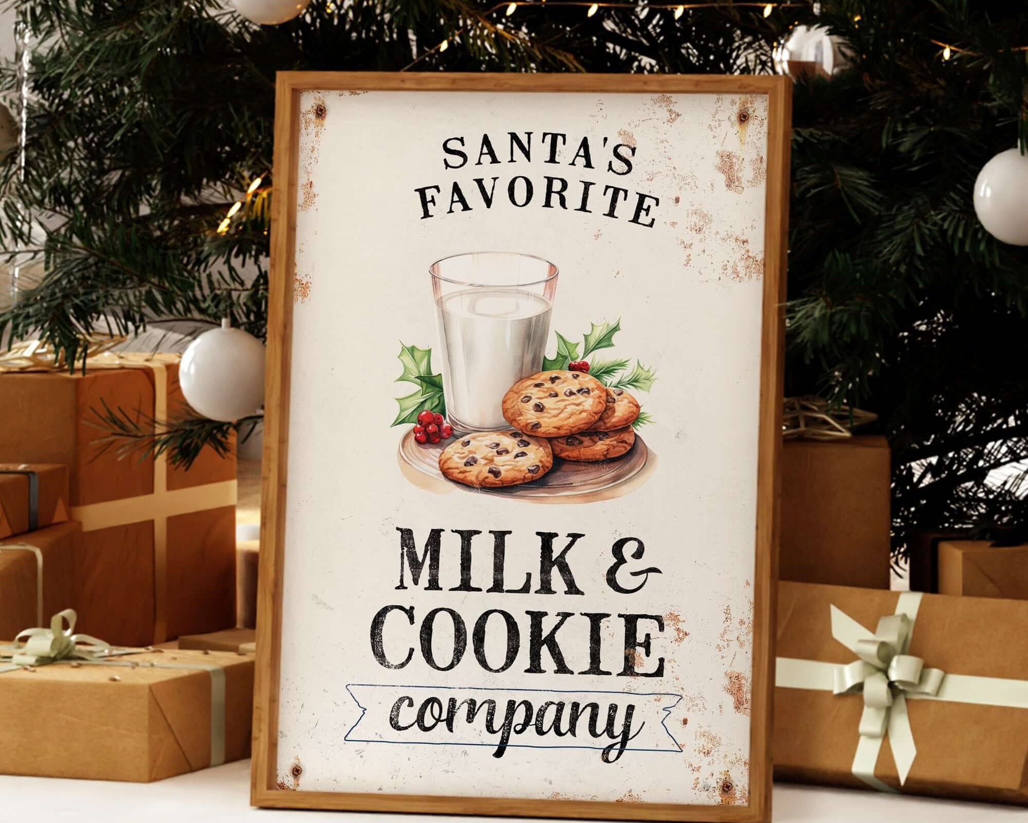 a sign advertising milk and cookies next to a christmas tree