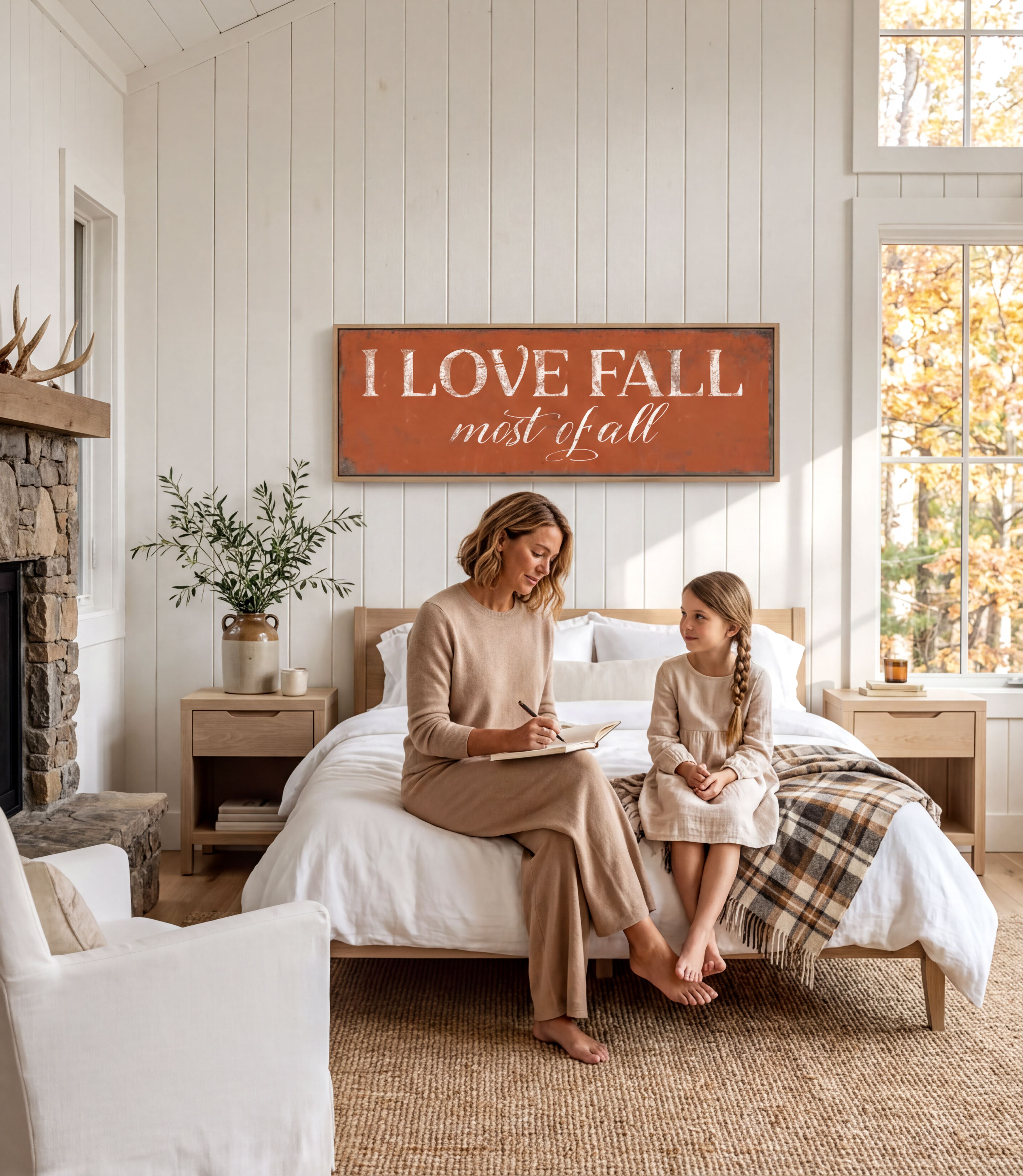 A woman and a young girl are sitting on a bed in a cozy bedroom, with a large orange sign above them that says "I LOVE FALL most of all".