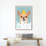 A framed illustration of a dog with a yellow rubber duck on its head, surrounded by bubbles, is hanging on a white wall above a wooden bench.