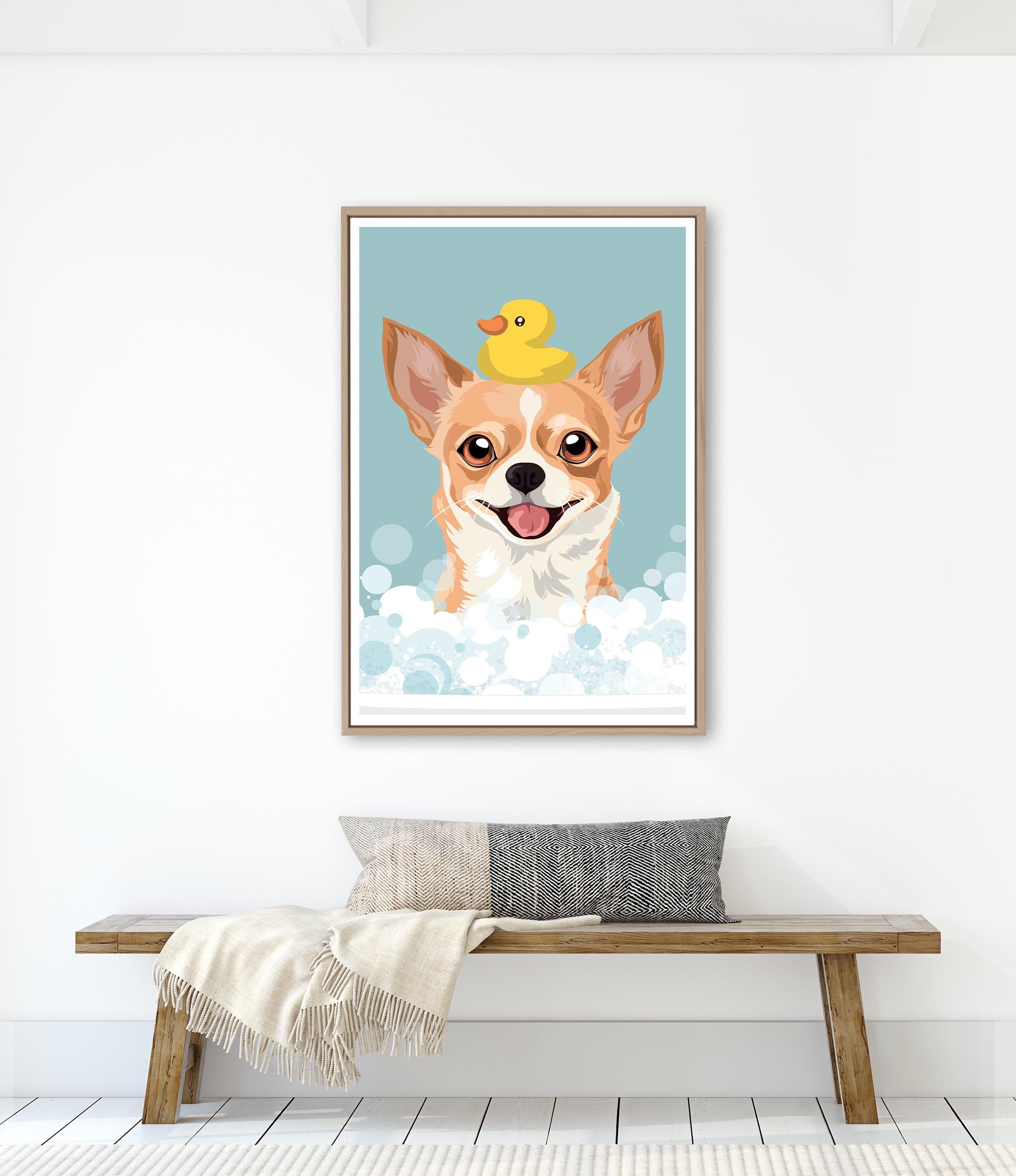 A framed illustration of a dog with a yellow rubber duck on its head, surrounded by bubbles, is hanging on a white wall above a wooden bench.