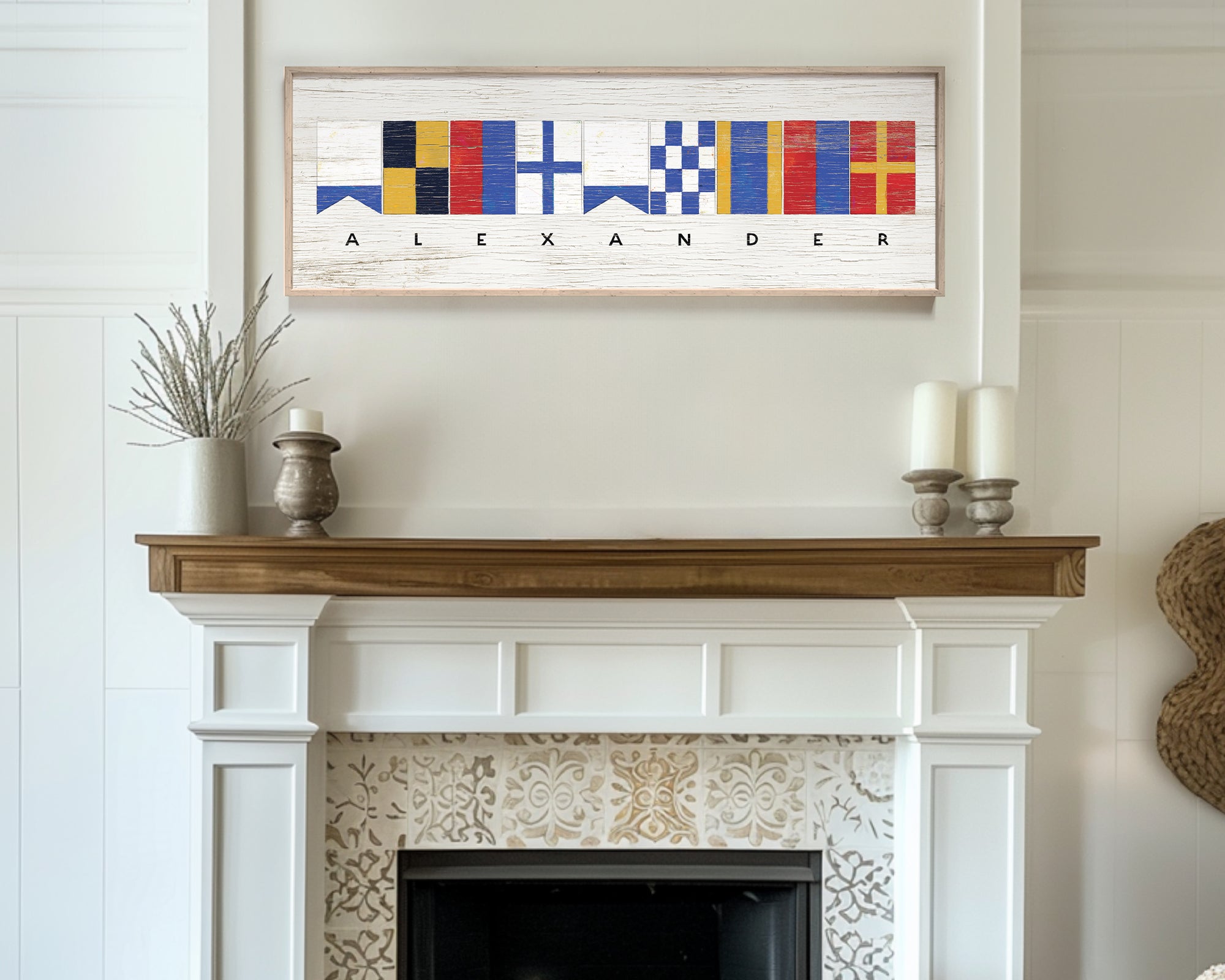 a living room with a fire place and a painting on the wall