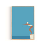A woman in a white swimsuit is diving off a diving board into a blue body of water.
