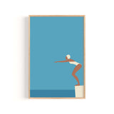 A woman in a white swimsuit is diving off a diving board into a blue body of water.