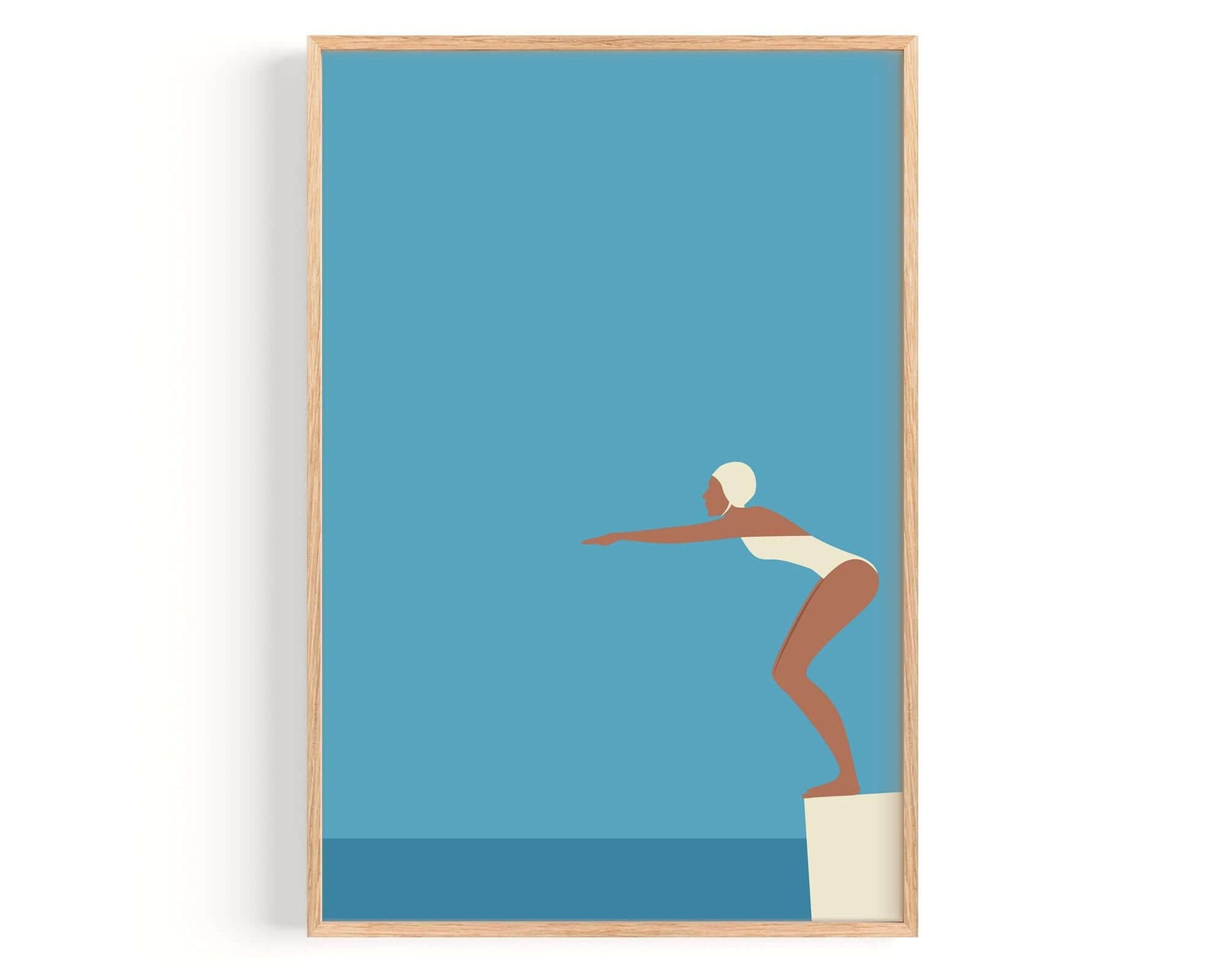 A woman in a white swimsuit is diving off a diving board into a blue body of water.